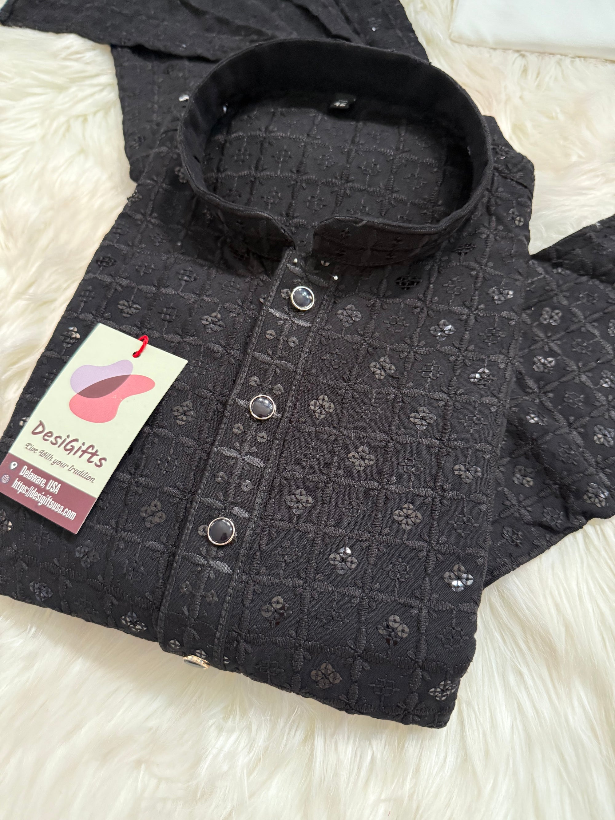 Classic Kurta Pajama Set for Man in Black Shade, Chikankari Embroidery with Sequins Pattern, Indian Party wear, KP - 1820