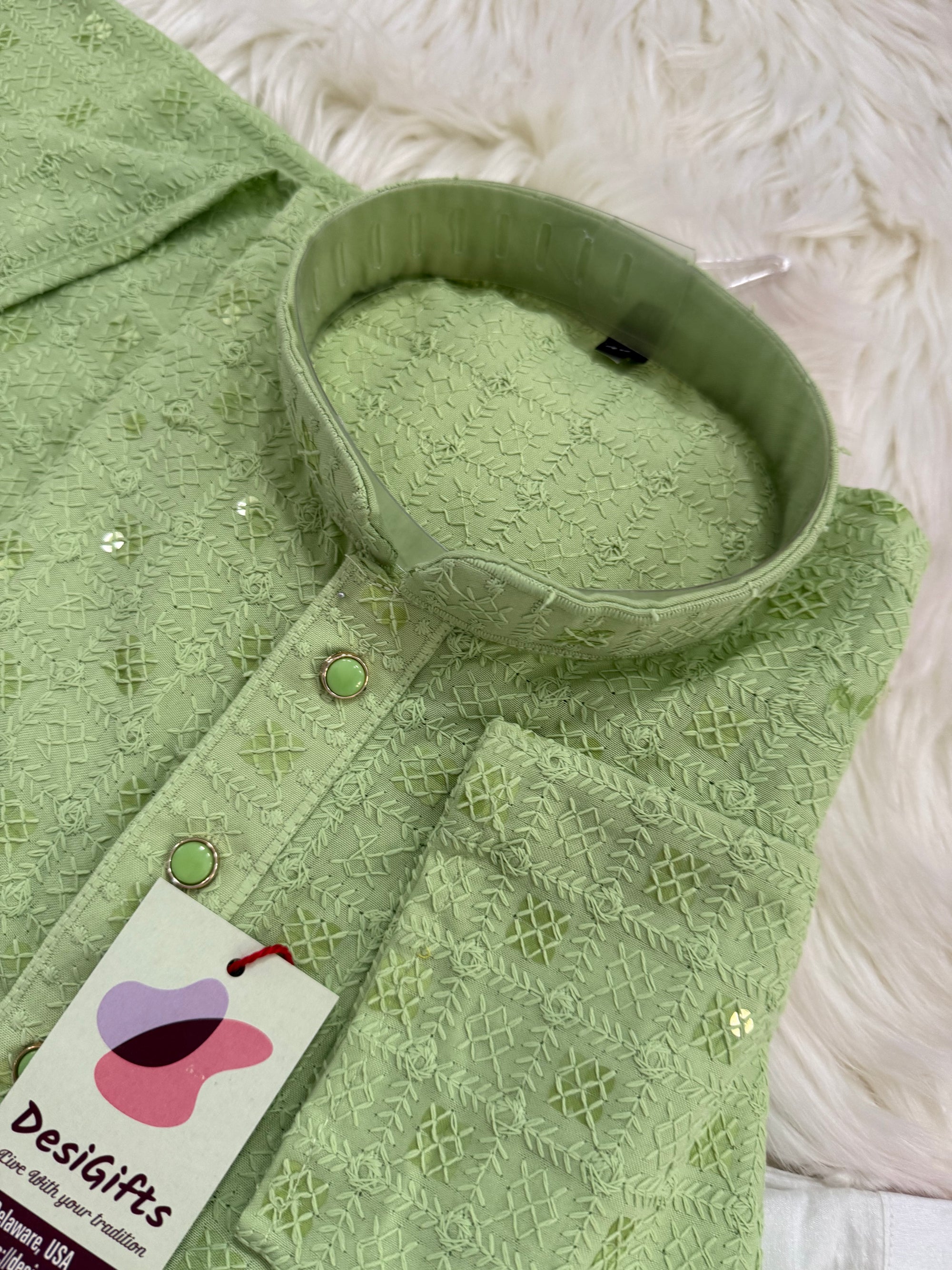 Pista Green Kurta Pajama Set for Man, Intricate Chikankari Embroidery with Sequins Pattern, KP - 1821