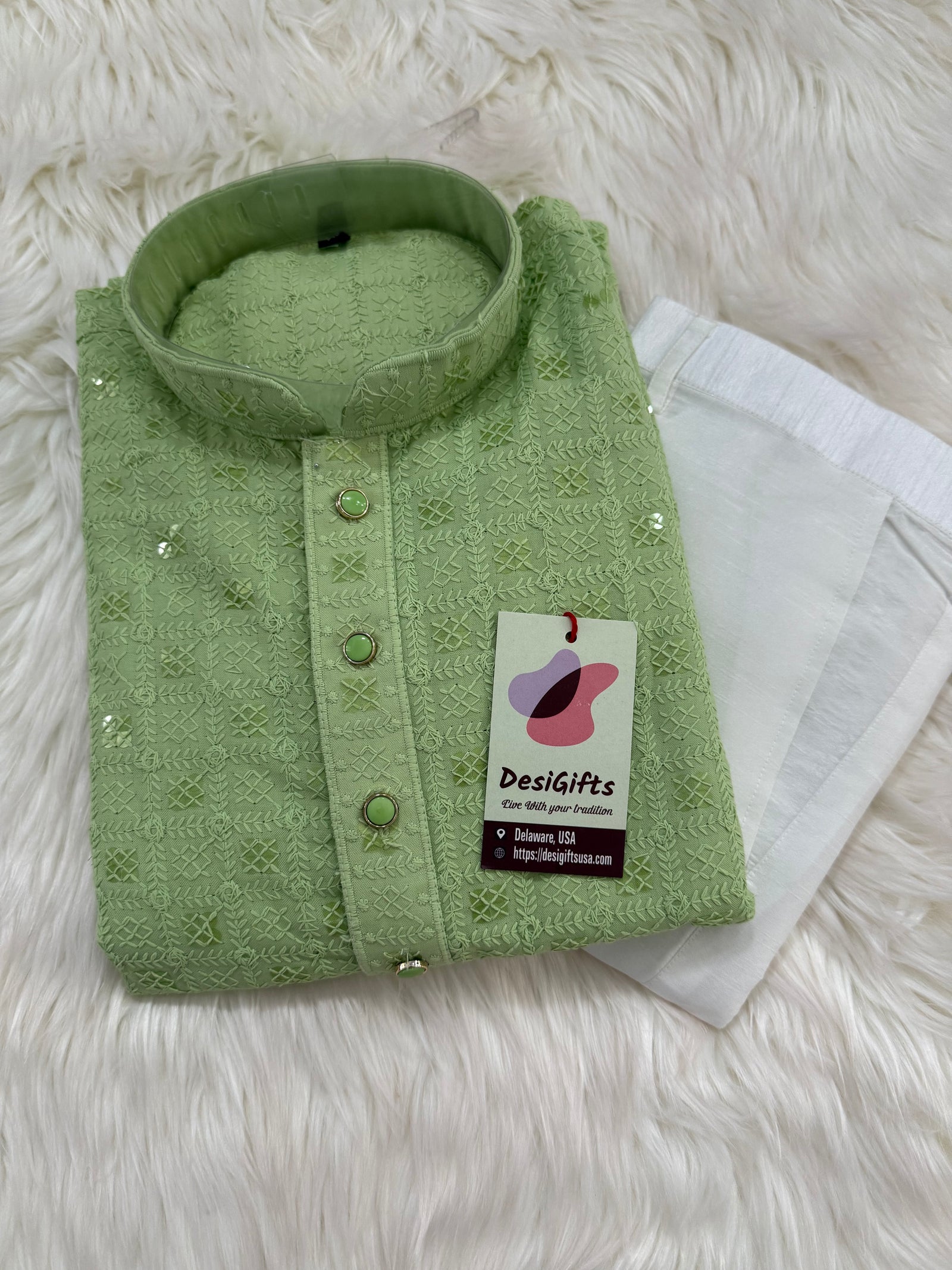 Pista Green Kurta Pajama Set for Man, Intricate Chikankari Embroidery with Sequins Pattern, KP - 1821