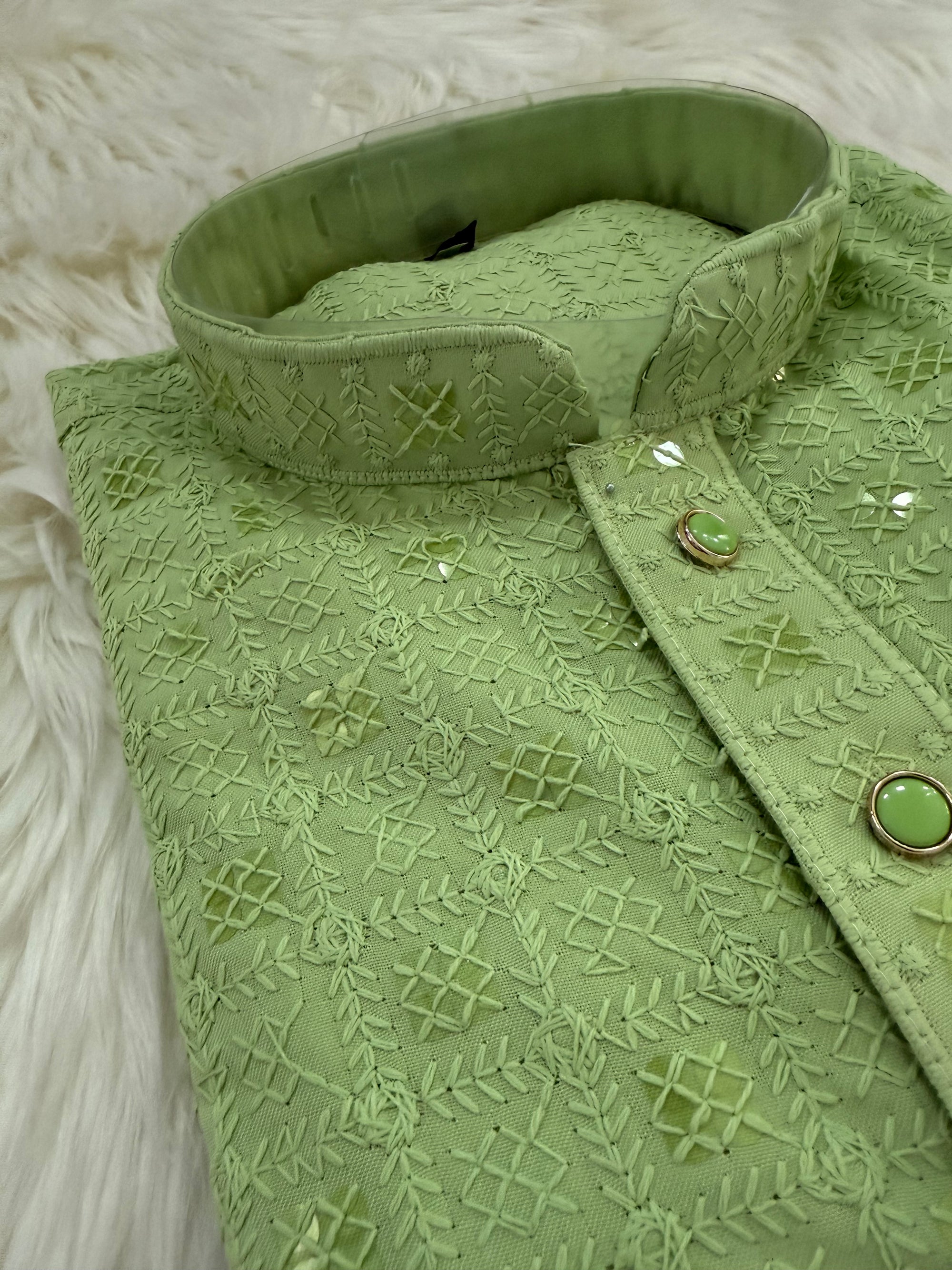 Pista Green Kurta Pajama Set for Man, Intricate Chikankari Embroidery with Sequins Pattern, KP - 1821