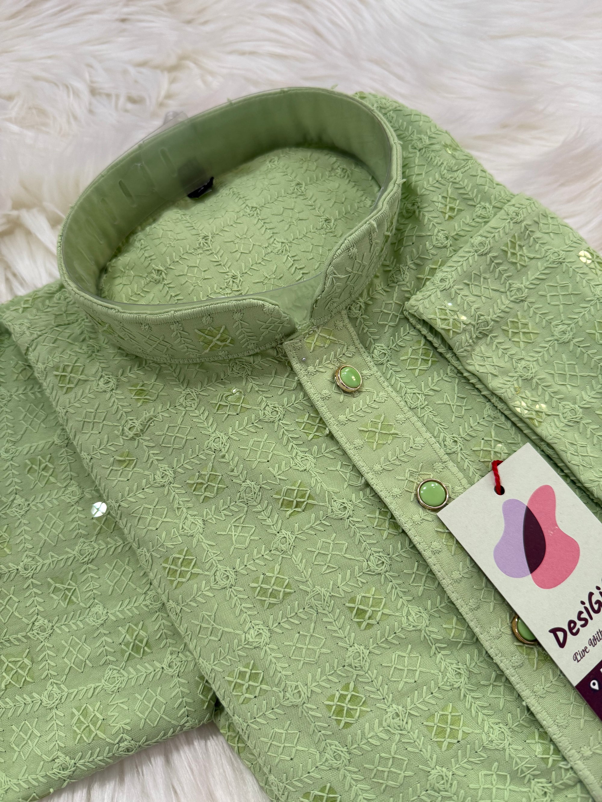 Pista Green Kurta Pajama Set for Man, Intricate Chikankari Embroidery with Sequins Pattern, KP - 1821