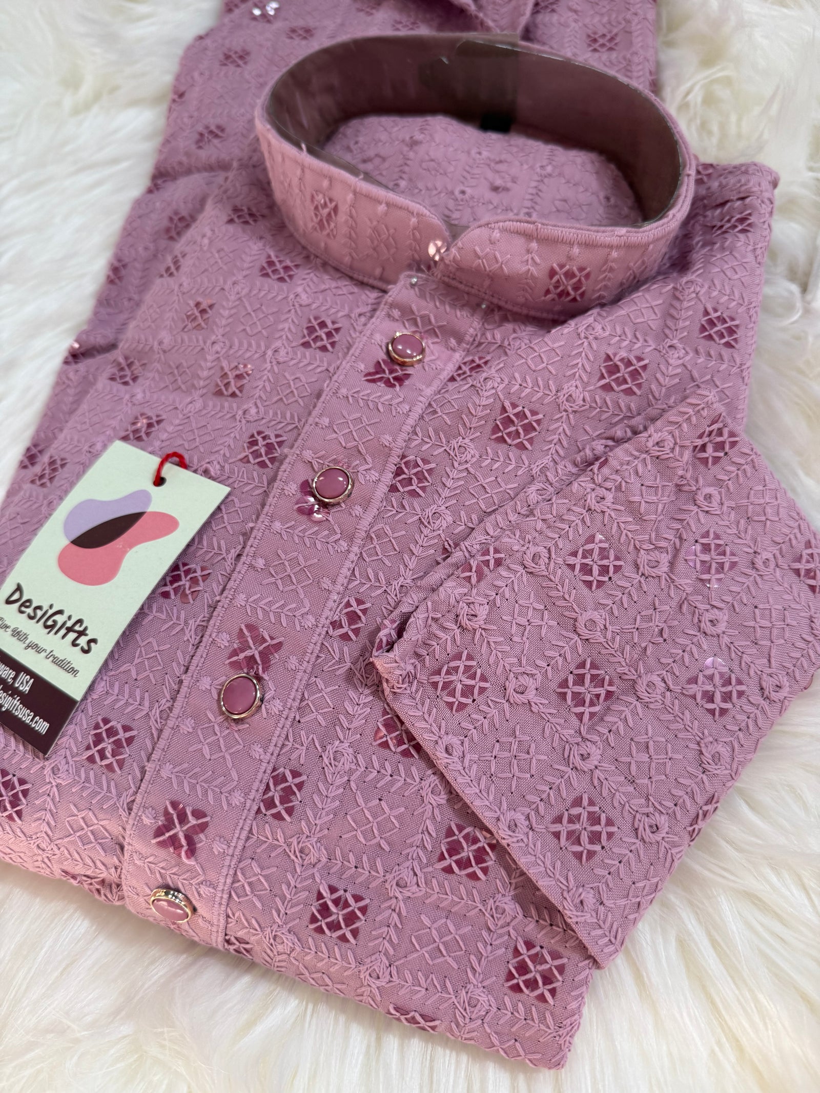 Onion Pink Shade Kurta Pajama Set for Man, Intricate Chikankari Embroidery with Sequins Pattern, KP - 1822