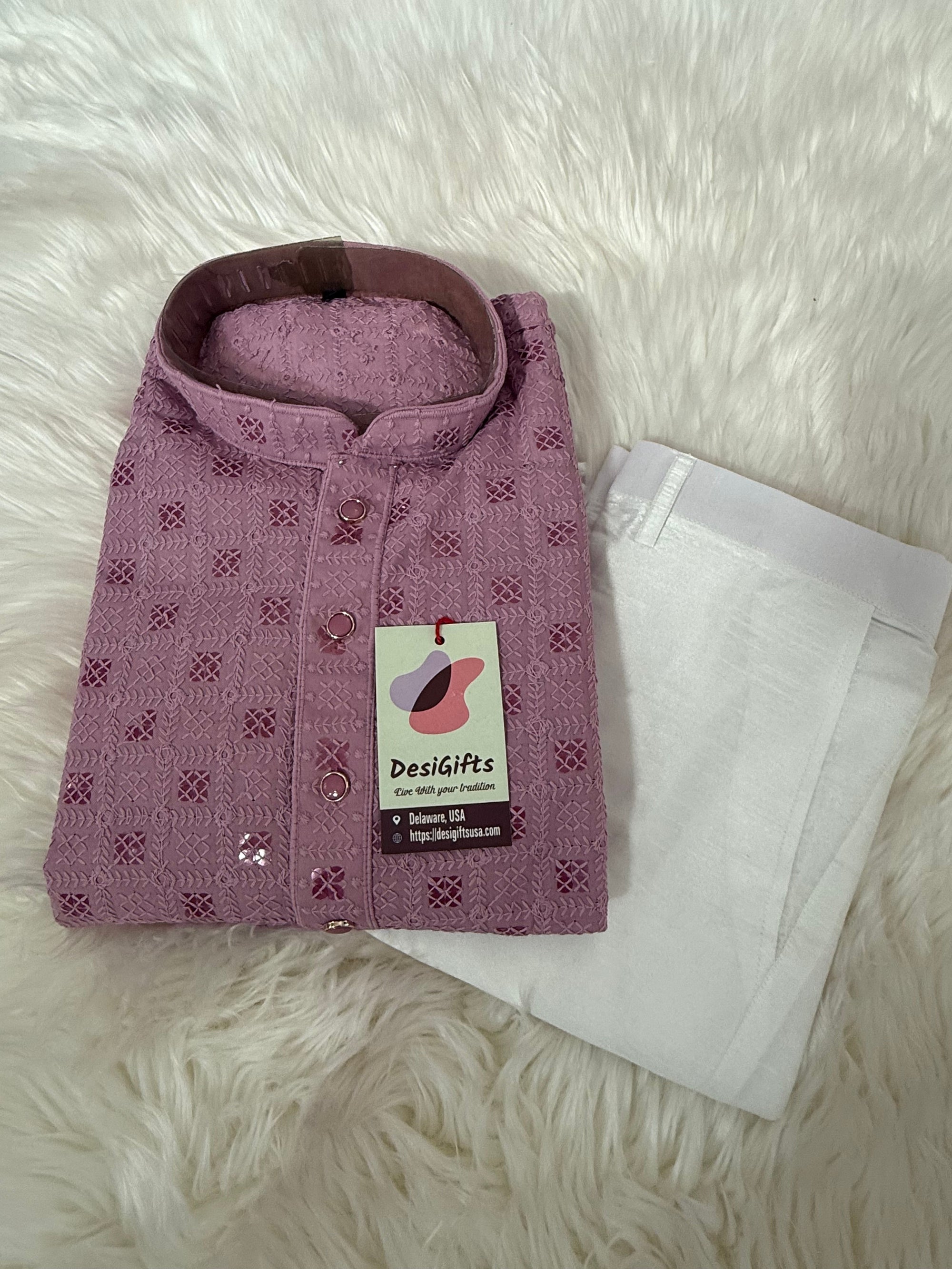 Onion Pink Shade Kurta Pajama Set for Man, Intricate Chikankari Embroidery with Sequins Pattern, KP - 1822