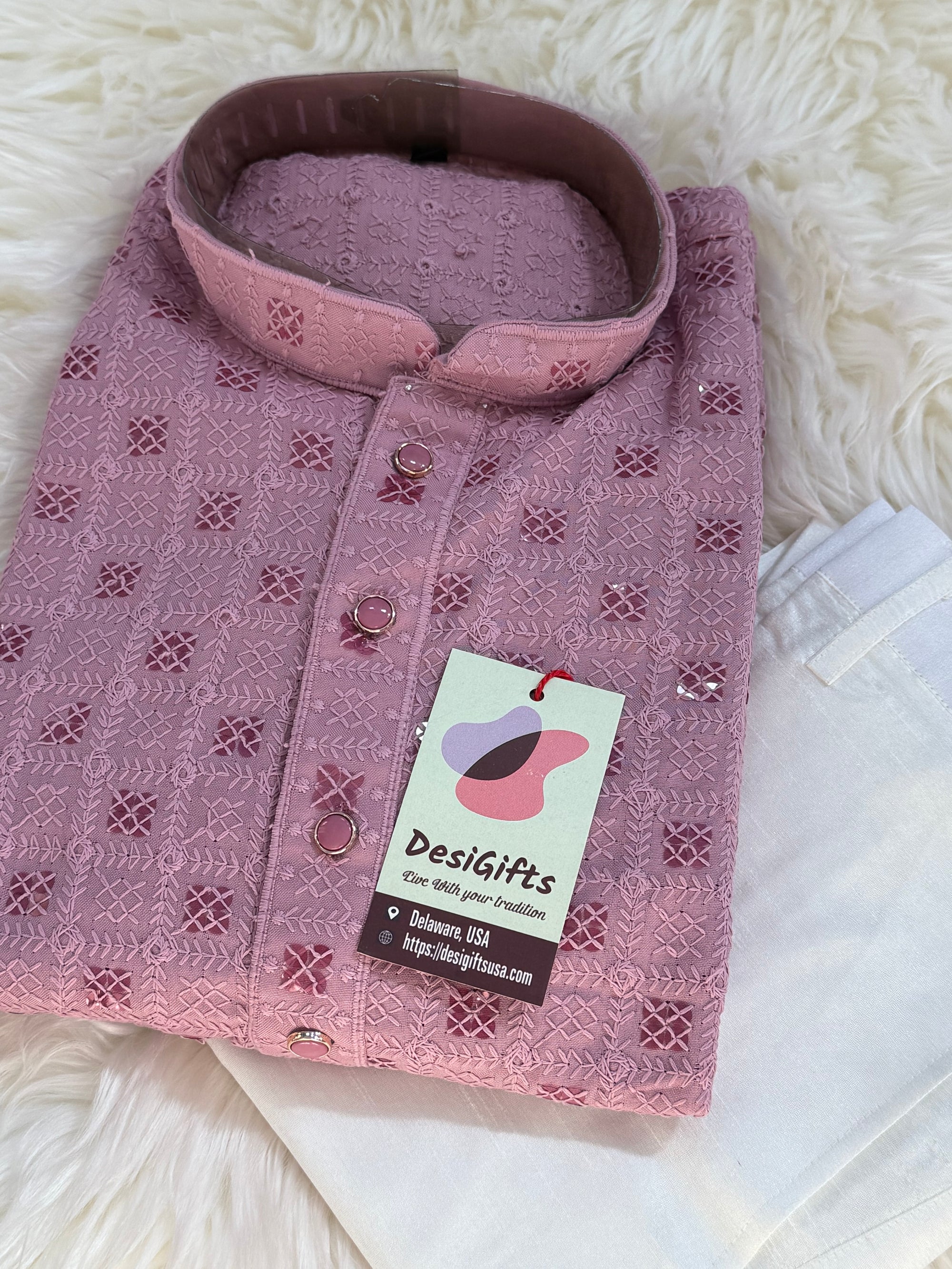 Onion Pink Shade Kurta Pajama Set for Man, Intricate Chikankari Embroidery with Sequins Pattern, KP - 1822