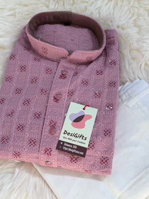 Onion Pink Shade Kurta Pajama Set for Man, Intricate Chikankari Embroidery with Sequins Pattern, KP - 1822