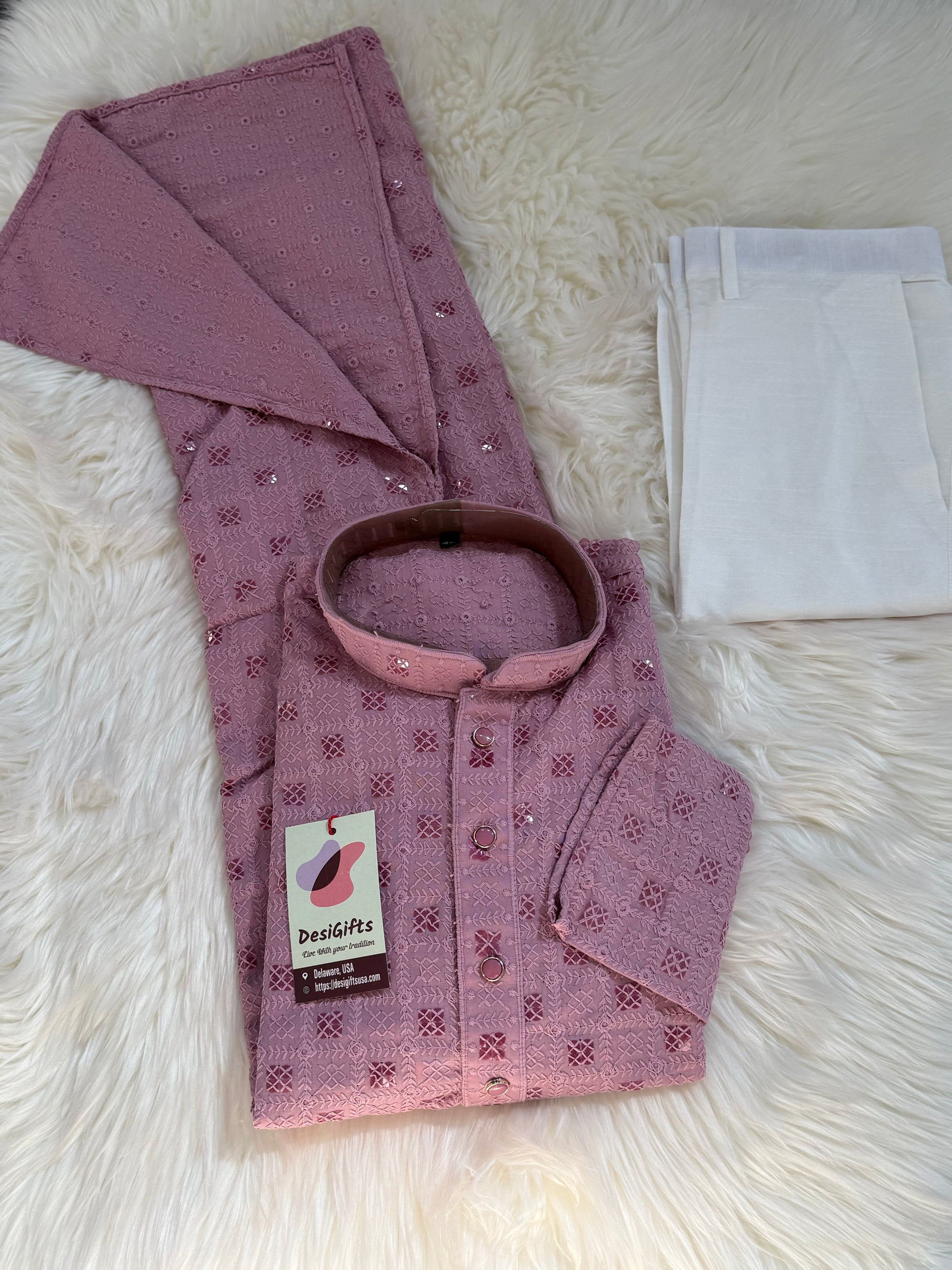 Onion Pink Shade Kurta Pajama Set for Man, Intricate Chikankari Embroidery with Sequins Pattern, KP - 1822