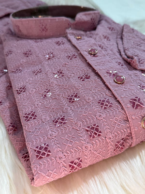Onion Pink Shade Kurta Pajama Set for Man, Intricate Chikankari Embroidery with Sequins Pattern, KP - 1822