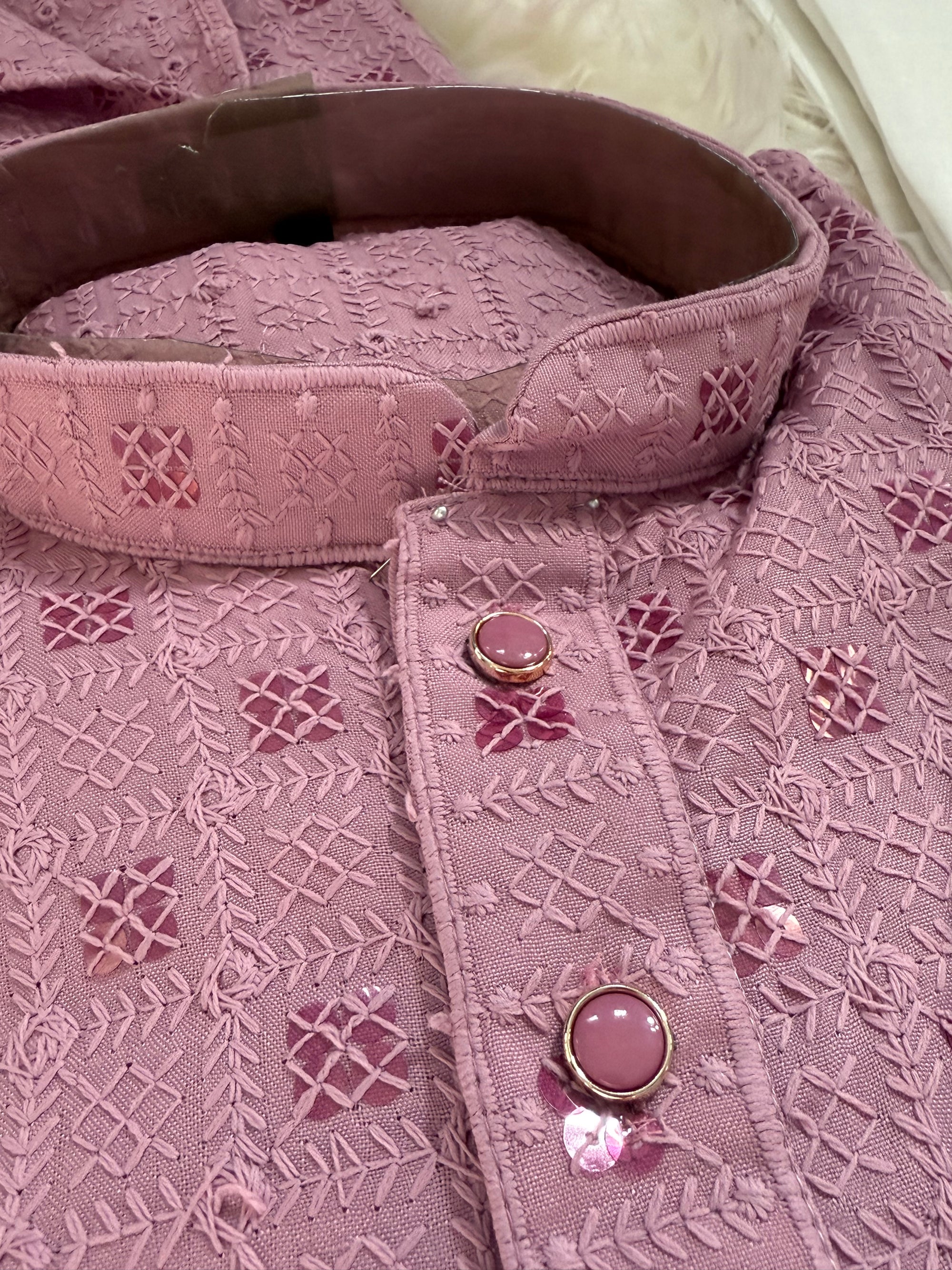 Onion Pink Shade Kurta Pajama Set for Man, Intricate Chikankari Embroidery with Sequins Pattern, KP - 1822