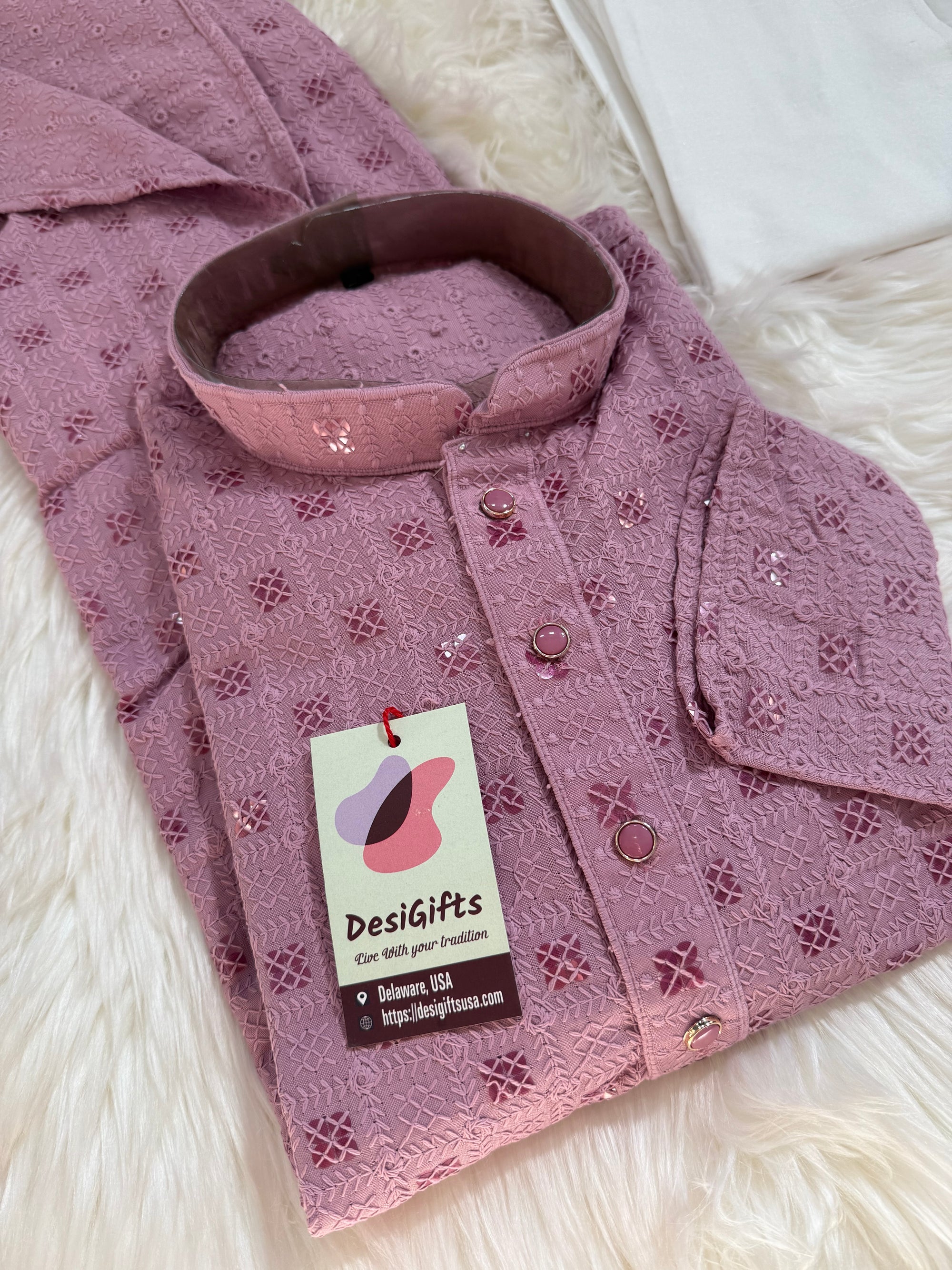 Onion Pink Shade Kurta Pajama Set for Man, Intricate Chikankari Embroidery with Sequins Pattern, KP - 1822