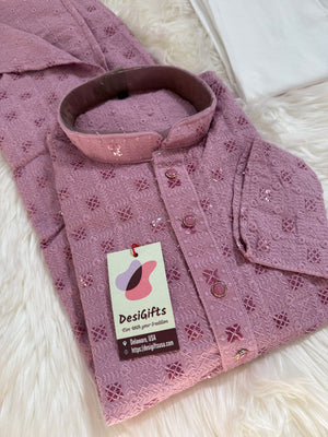 Onion Pink Shade Kurta Pajama Set for Man, Intricate Chikankari Embroidery with Sequins Pattern, KP - 1822