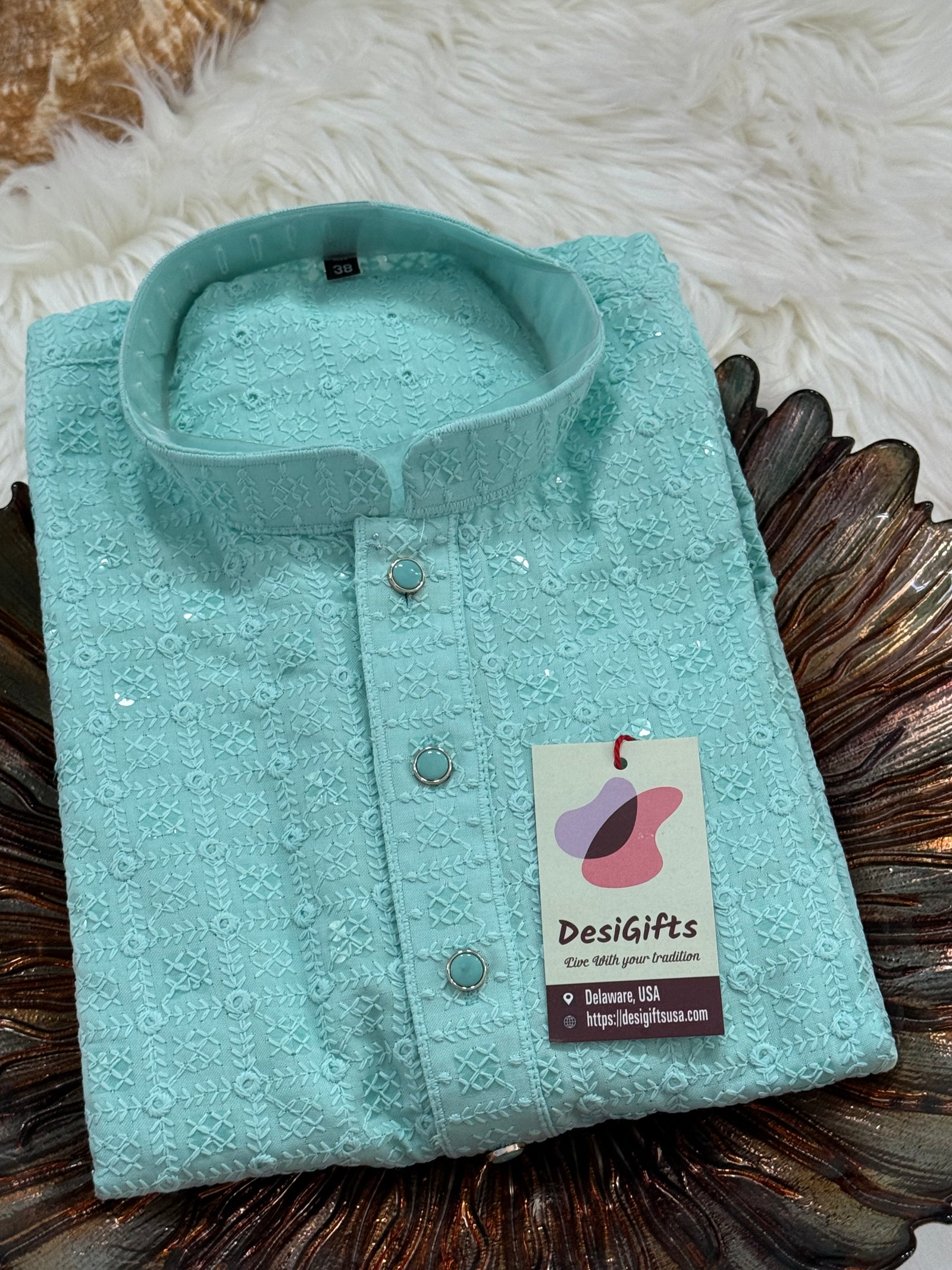 Cyan Blue Shade Kurta Pajama Set for Man, Intricate Chikankari Embroidery with Sequins Pattern, KP - 1823