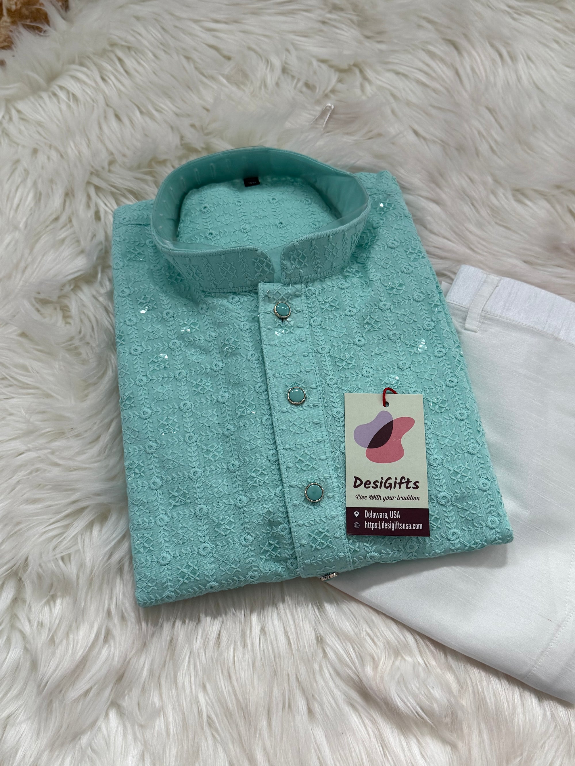 Cyan Blue Shade Kurta Pajama Set for Man, Intricate Chikankari Embroidery with Sequins Pattern, KP - 1823