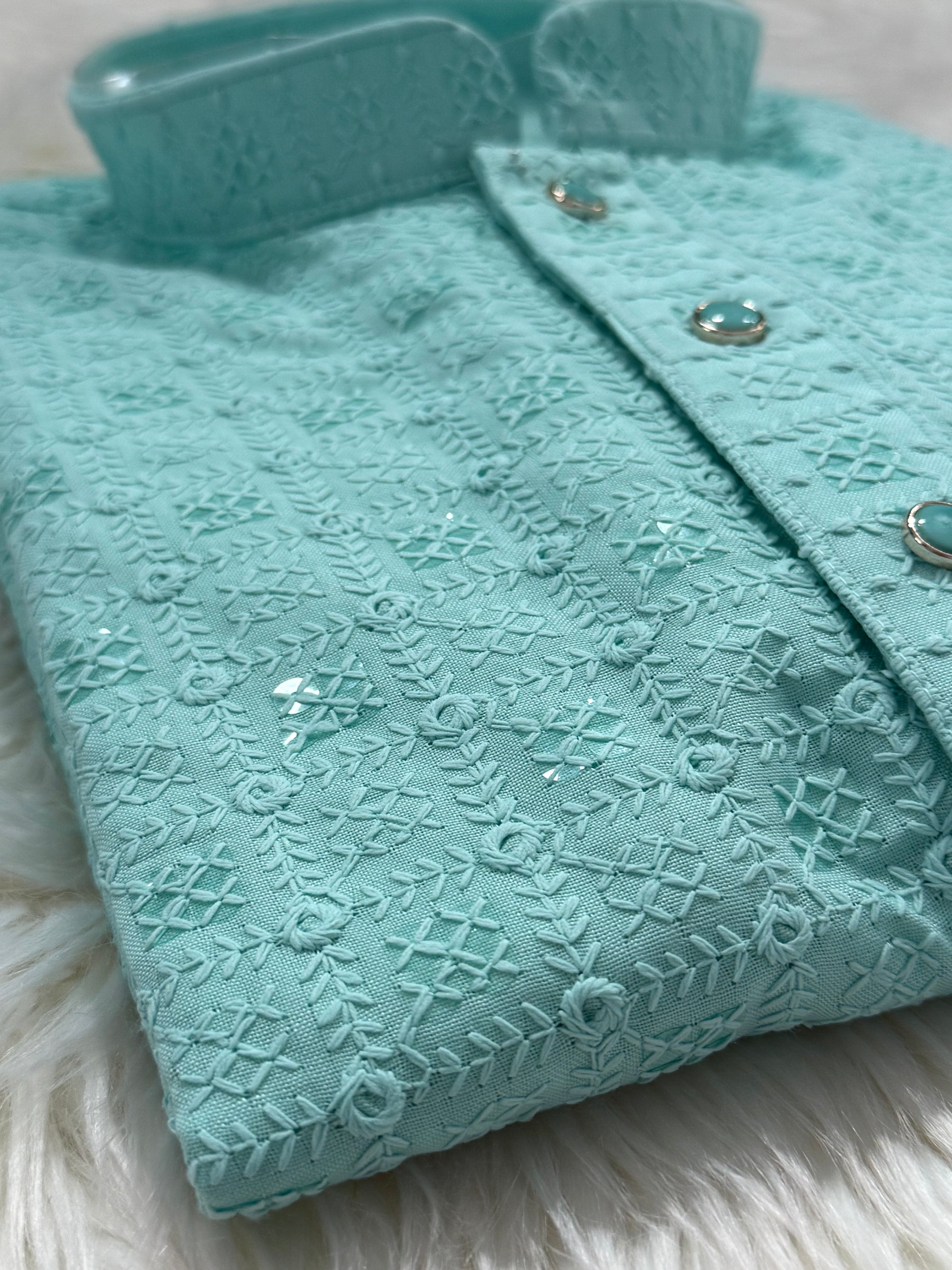 Cyan Blue Shade Kurta Pajama Set for Man, Intricate Chikankari Embroidery with Sequins Pattern, KP - 1823