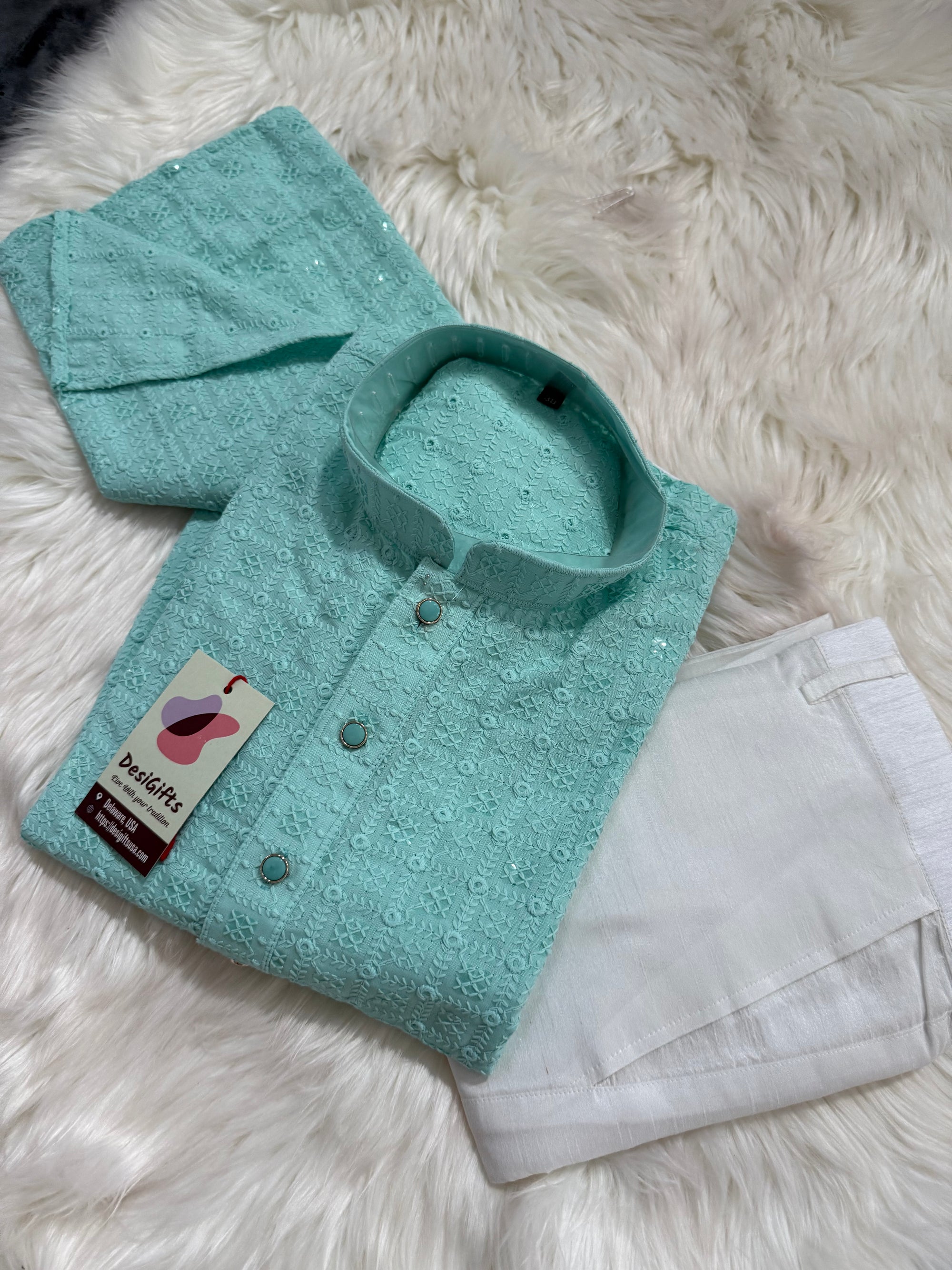 Cyan Blue Shade Kurta Pajama Set for Man, Intricate Chikankari Embroidery with Sequins Pattern, KP - 1823