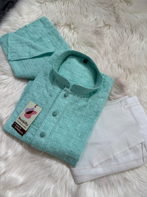 Cyan Blue Shade Kurta Pajama Set for Man, Intricate Chikankari Embroidery with Sequins Pattern, KP - 1823
