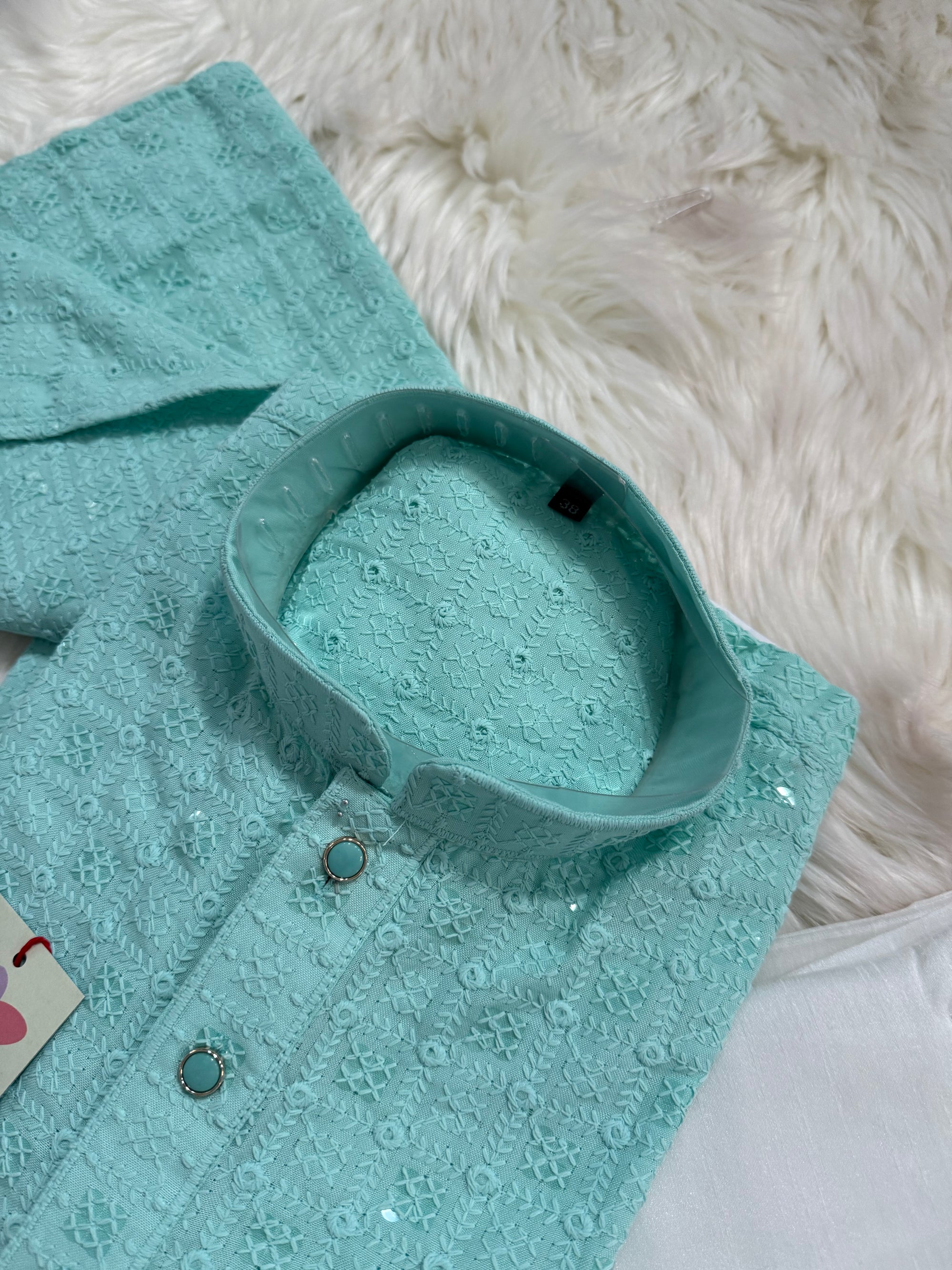 Cyan Blue Shade Kurta Pajama Set for Man, Intricate Chikankari Embroidery with Sequins Pattern, KP - 1823
