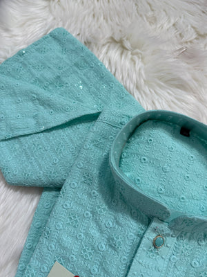 Cyan Blue Shade Kurta Pajama Set for Man, Intricate Chikankari Embroidery with Sequins Pattern, KP - 1823