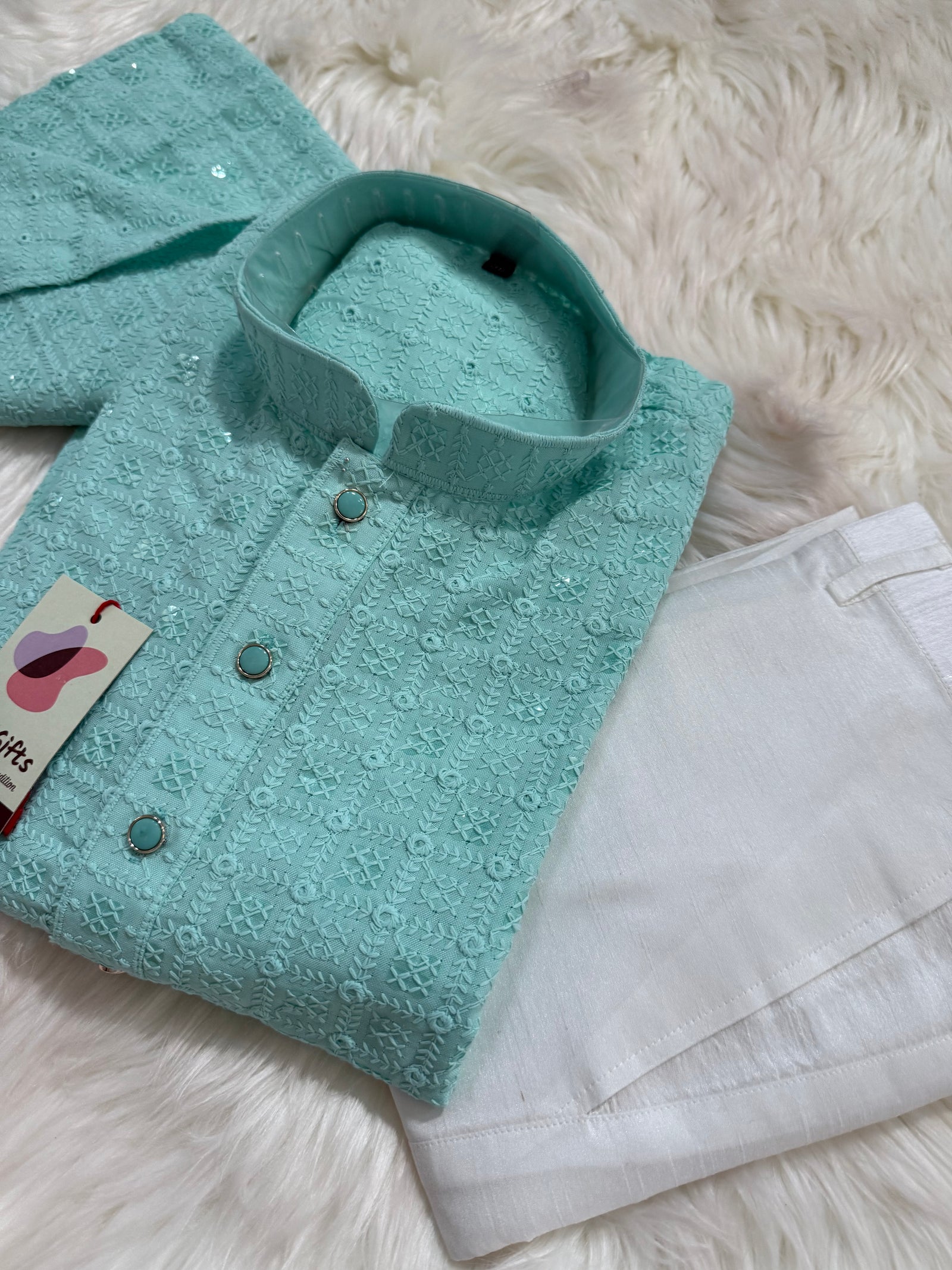 Cyan Blue Shade Kurta Pajama Set for Man, Intricate Chikankari Embroidery with Sequins Pattern, KP - 1823