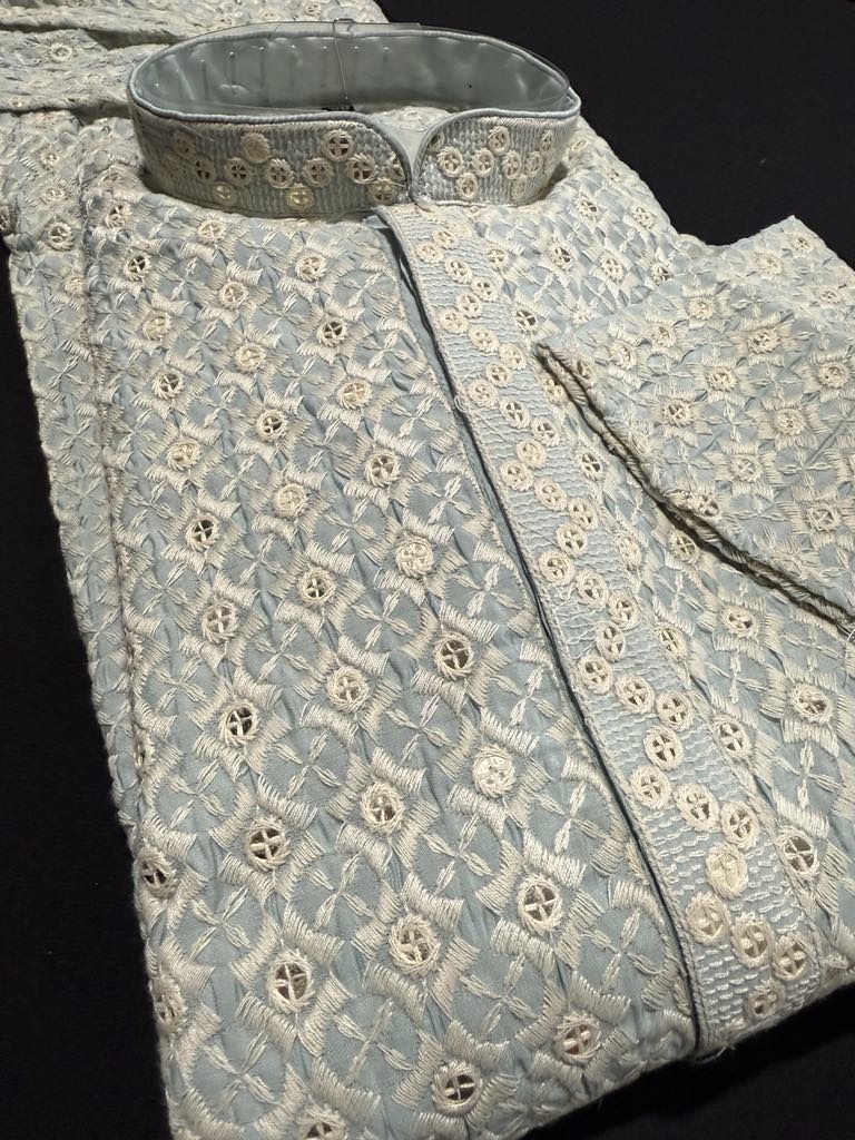Sky Blue Shade Men's kurta pajama set with embroidery and sequins. Two-piece Indian traditional outfit., KP - 1824
