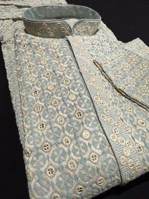 Sky Blue Shade Men's kurta pajama set with embroidery and sequins. Two-piece Indian traditional outfit., KP - 1824