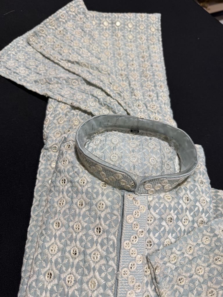 Sky Blue Shade Men's kurta pajama set with embroidery and sequins. Two-piece Indian traditional outfit., KP - 1824