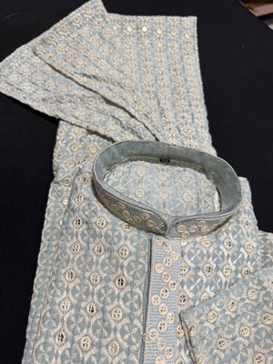 Sky Blue Shade Men's kurta pajama set with embroidery and sequins. Two-piece Indian traditional outfit., KP - 1824