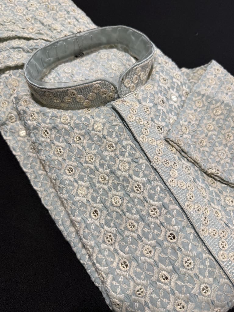 Sky Blue Shade Men's kurta pajama set with embroidery and sequins. Two-piece Indian traditional outfit., KP - 1824