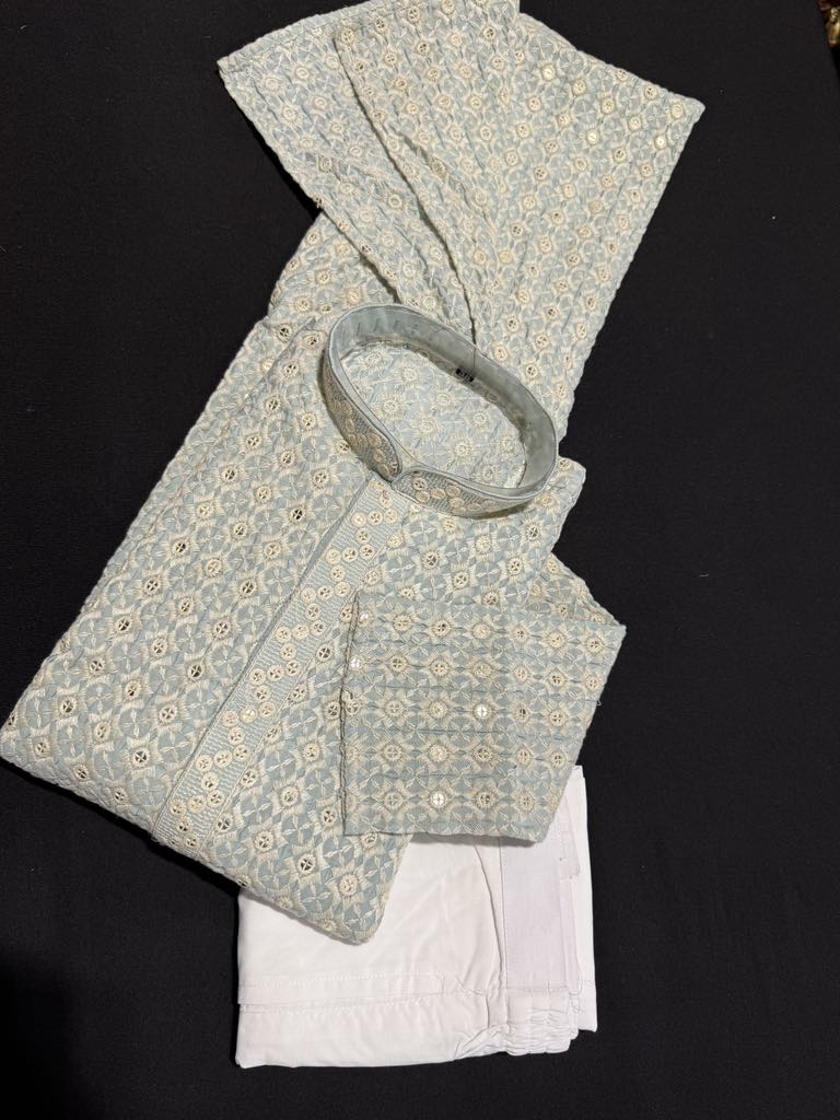 Sky Blue Shade Men's kurta pajama set with embroidery and sequins. Two-piece Indian traditional outfit., KP - 1824