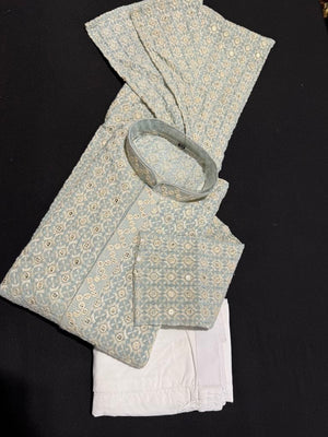 Sky Blue Shade Men's kurta pajama set with embroidery and sequins. Two-piece Indian traditional outfit., KP - 1824