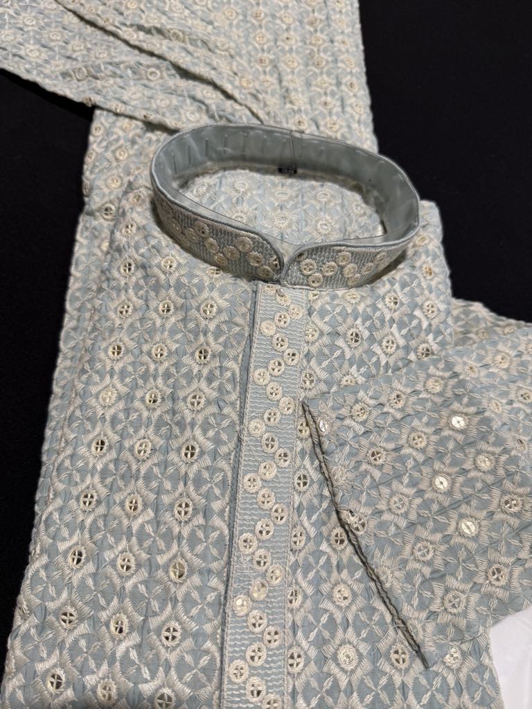 Sky Blue Shade Men's kurta pajama set with embroidery and sequins. Two-piece Indian traditional outfit., KP - 1824