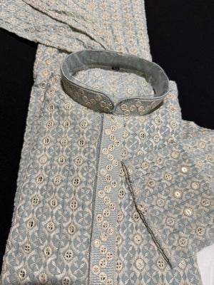 Sky Blue Shade Men's kurta pajama set with embroidery and sequins. Two-piece Indian traditional outfit., KP - 1824