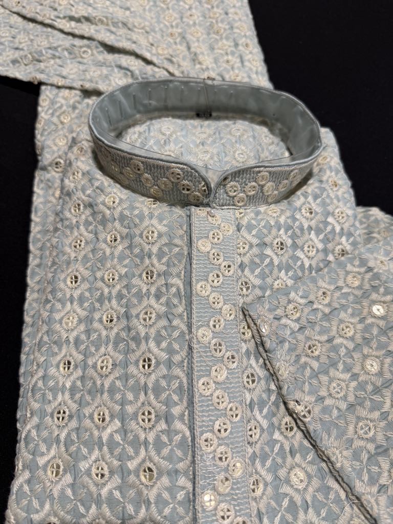 Sky Blue Shade Men's kurta pajama set with embroidery and sequins. Two-piece Indian traditional outfit., KP - 1824