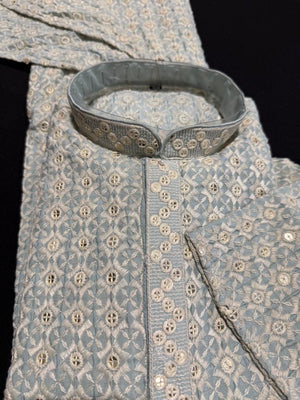Sky Blue Shade Men's kurta pajama set with embroidery and sequins. Two-piece Indian traditional outfit., KP - 1824