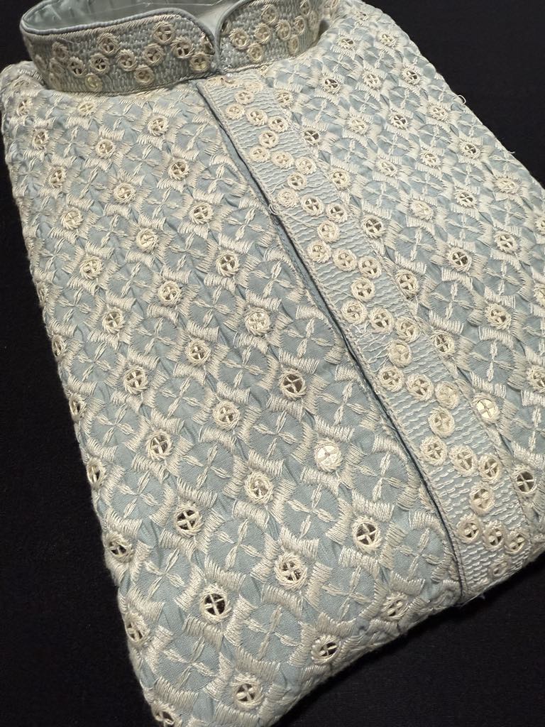 Sky Blue Shade Men's kurta pajama set with embroidery and sequins. Two-piece Indian traditional outfit., KP - 1824