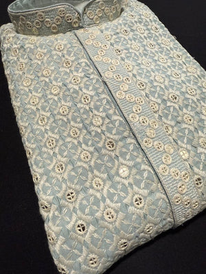 Sky Blue Shade Men's kurta pajama set with embroidery and sequins. Two-piece Indian traditional outfit., KP - 1824