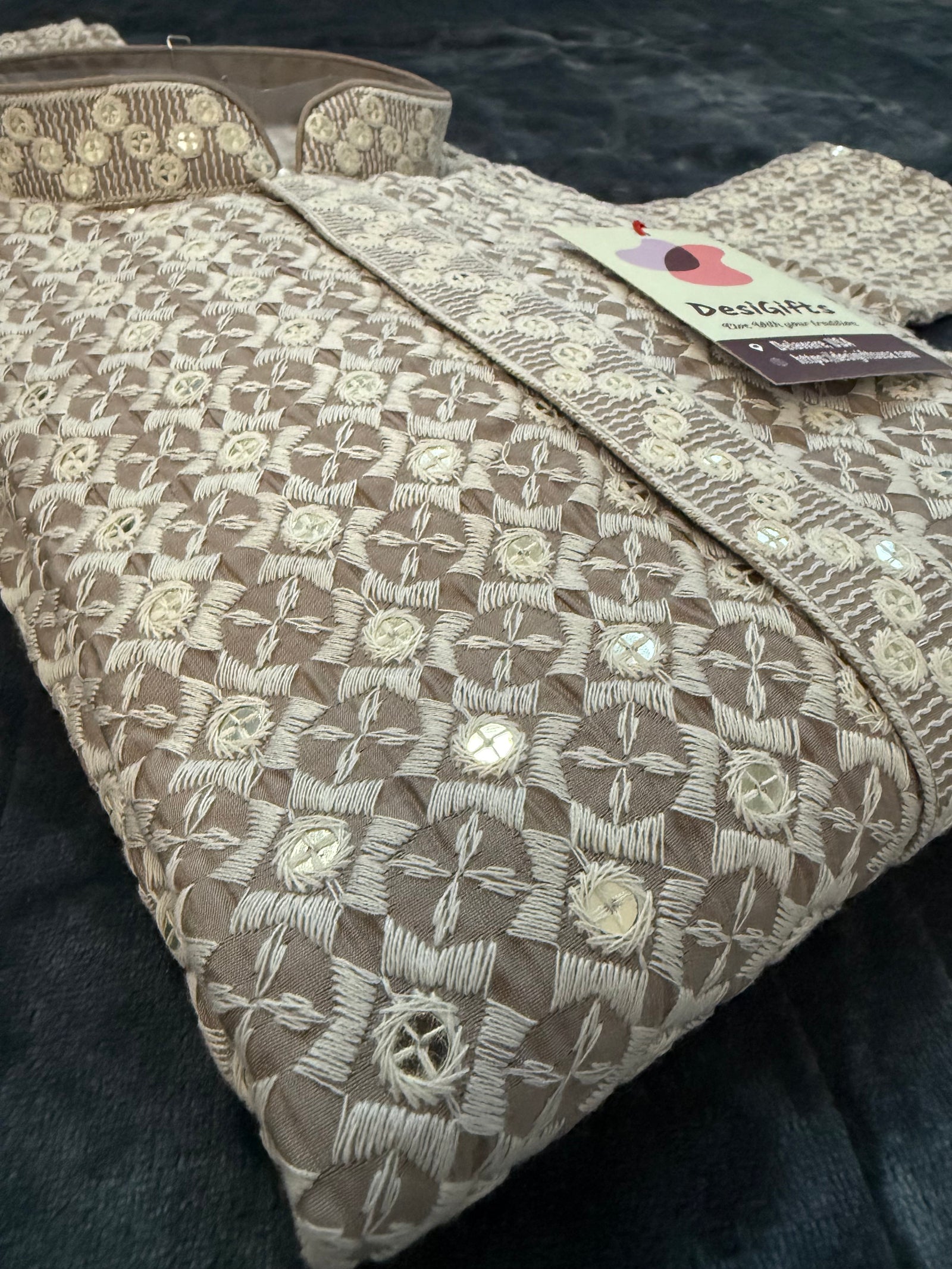 Exclusive Embroidered with Sequins Work Partywear 2 Piece Kurta Pajama Set for Man in Beige Shade, KP - 1825