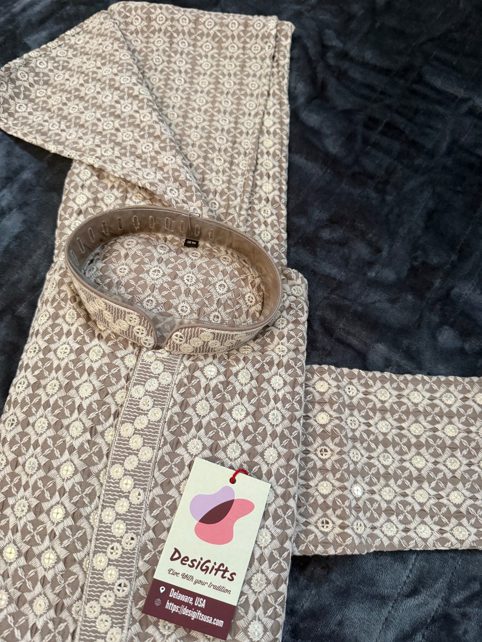 Exclusive Embroidered with Sequins Work Partywear 2 Piece Kurta Pajama Set for Man in Beige Shade, KP - 1825