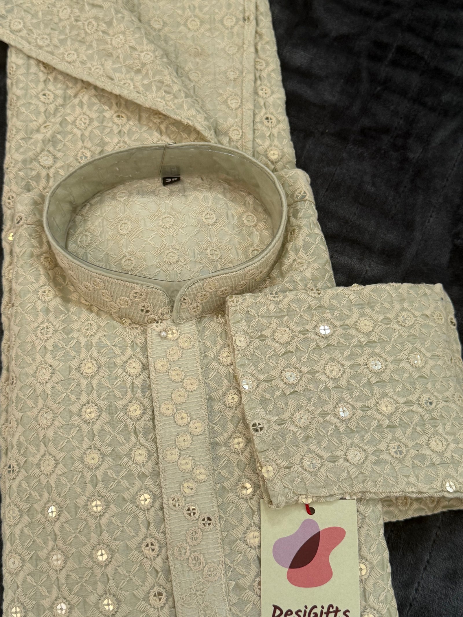 Premium Light Green Indian Partywear Men’s Kurta Pajama Set with Embroidery and Sequin Work – 2 Piece Ensemble, KP - 1826