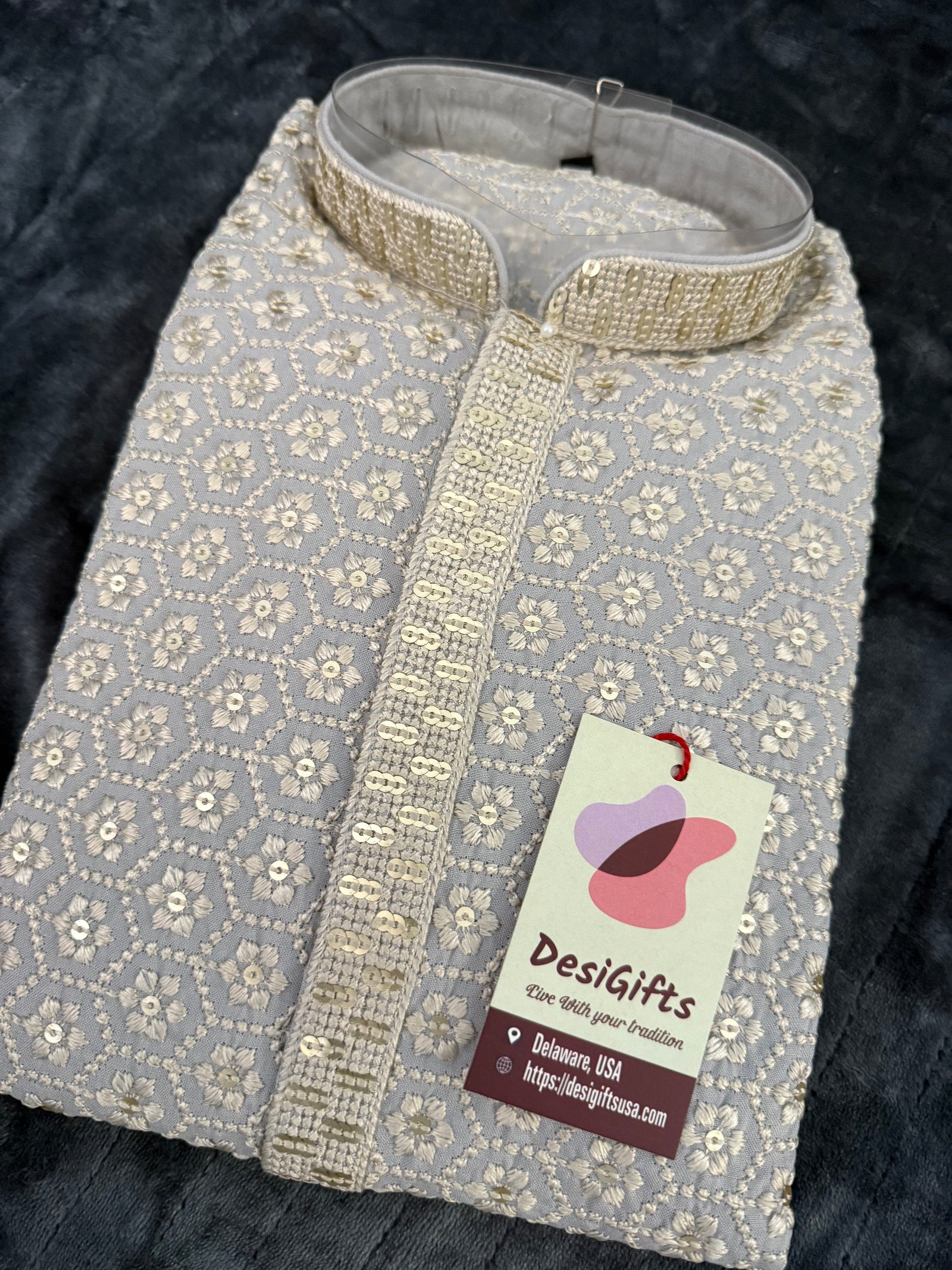 Gray Shade Men's kurta pajama set with embroidery and sequins. Two-piece Indian traditional outfit for special occasions., KP - 1827