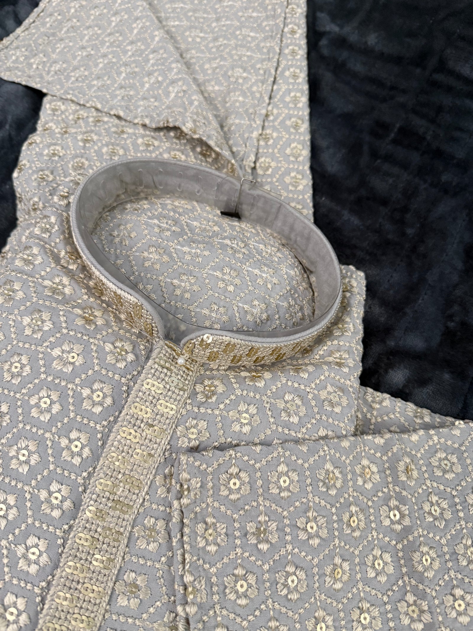 Gray Shade Men's kurta pajama set with embroidery and sequins. Two-piece Indian traditional outfit for special occasions., KP - 1827