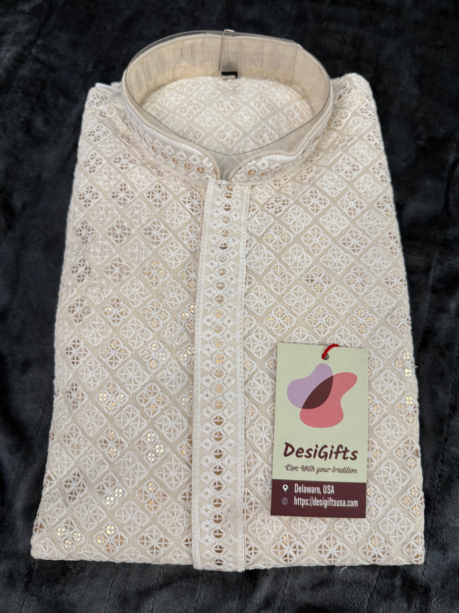 Cream Shade Two-Piece Kurta pajama Set for Men with Intricate Embroidered Sequins, Wedding Wear for Man, KP - 1828