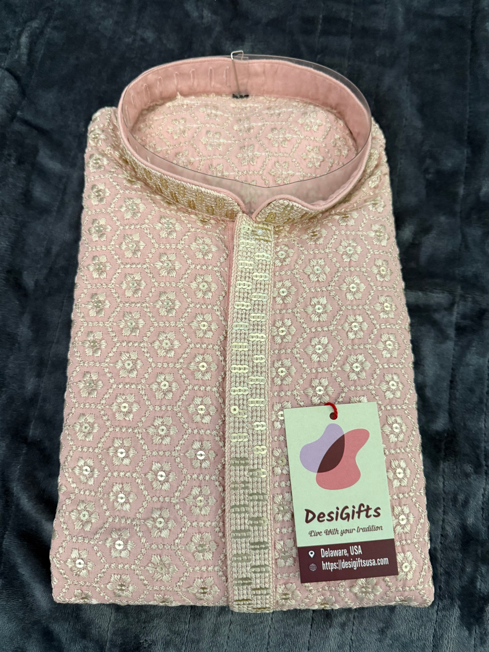 Pink Shade Two-Piece Kurta pajama Set for Men with Intricate Embroidered Sequins, Wedding Wear for Man, KP - 1829