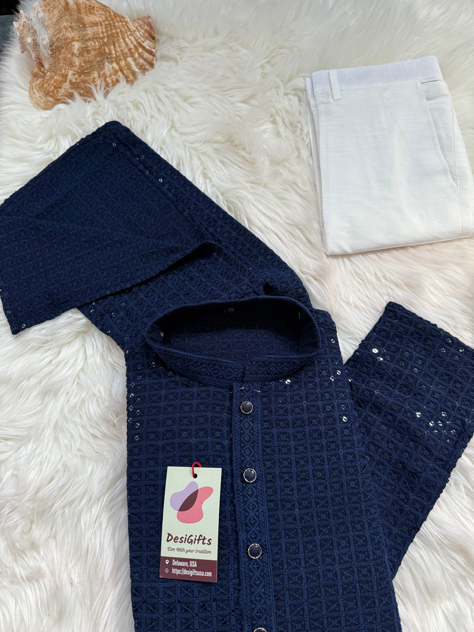 Trendy Kurta Pajama Set for Man in Berry Blue Shade, Chikankari Embroidery with Sequins Pattern, Indian Party wear, KP - 1830