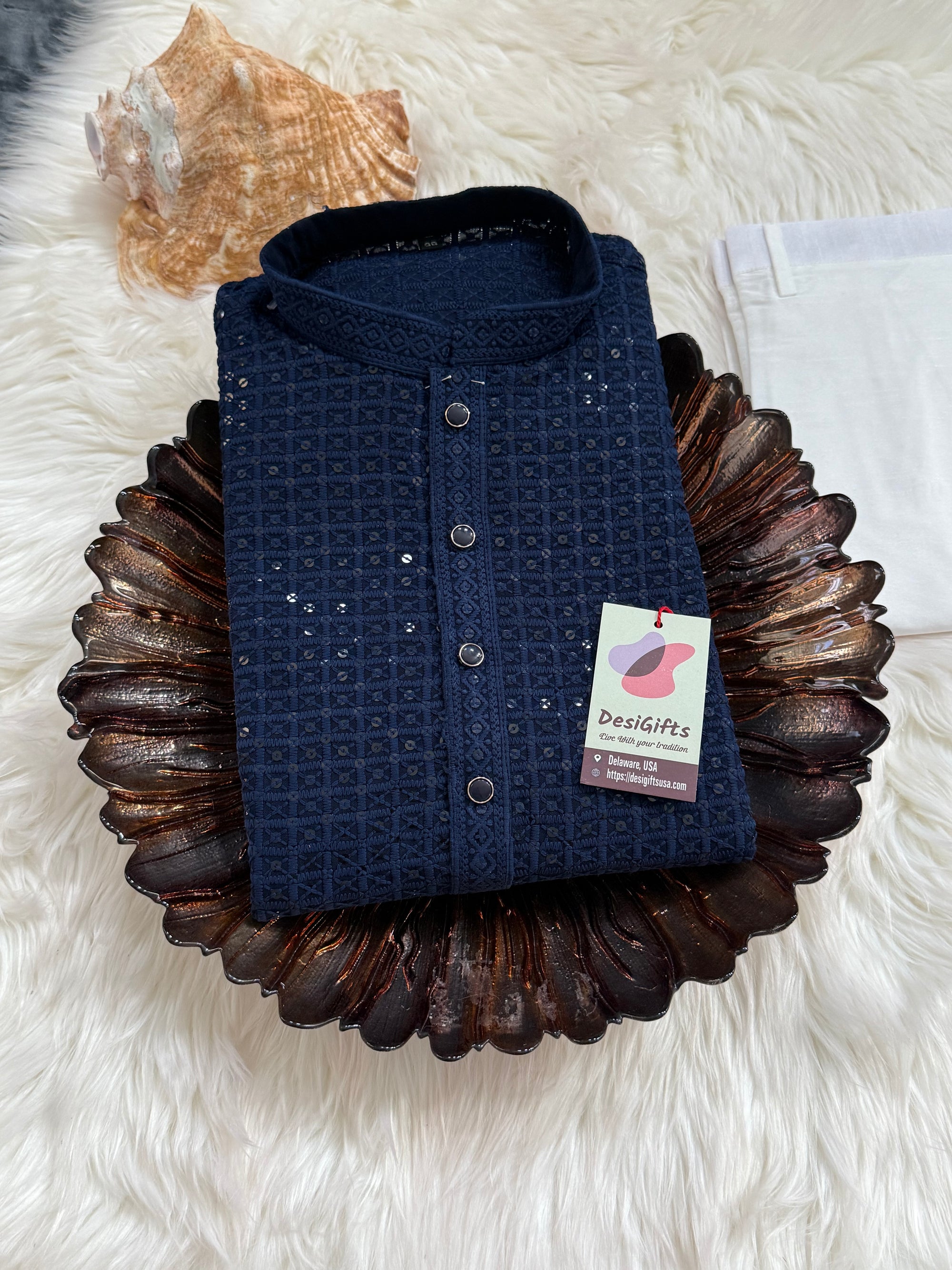 Trendy Kurta Pajama Set for Man in Berry Blue Shade, Chikankari Embroidery with Sequins Pattern, Indian Party wear, KP - 1830