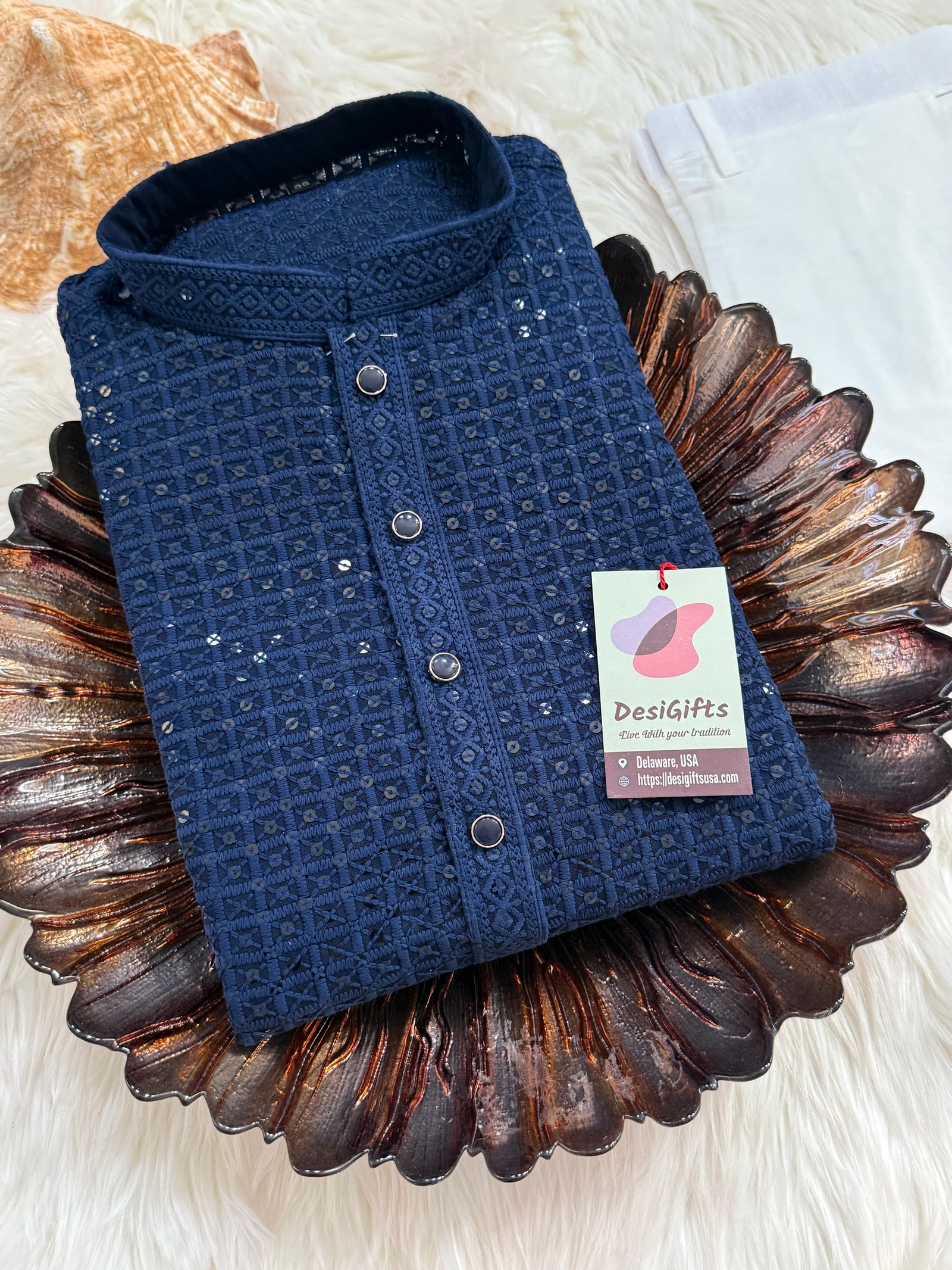 Trendy Kurta Pajama Set for Man in Berry Blue Shade, Chikankari Embroidery with Sequins Pattern, Indian Party wear, KP - 1830