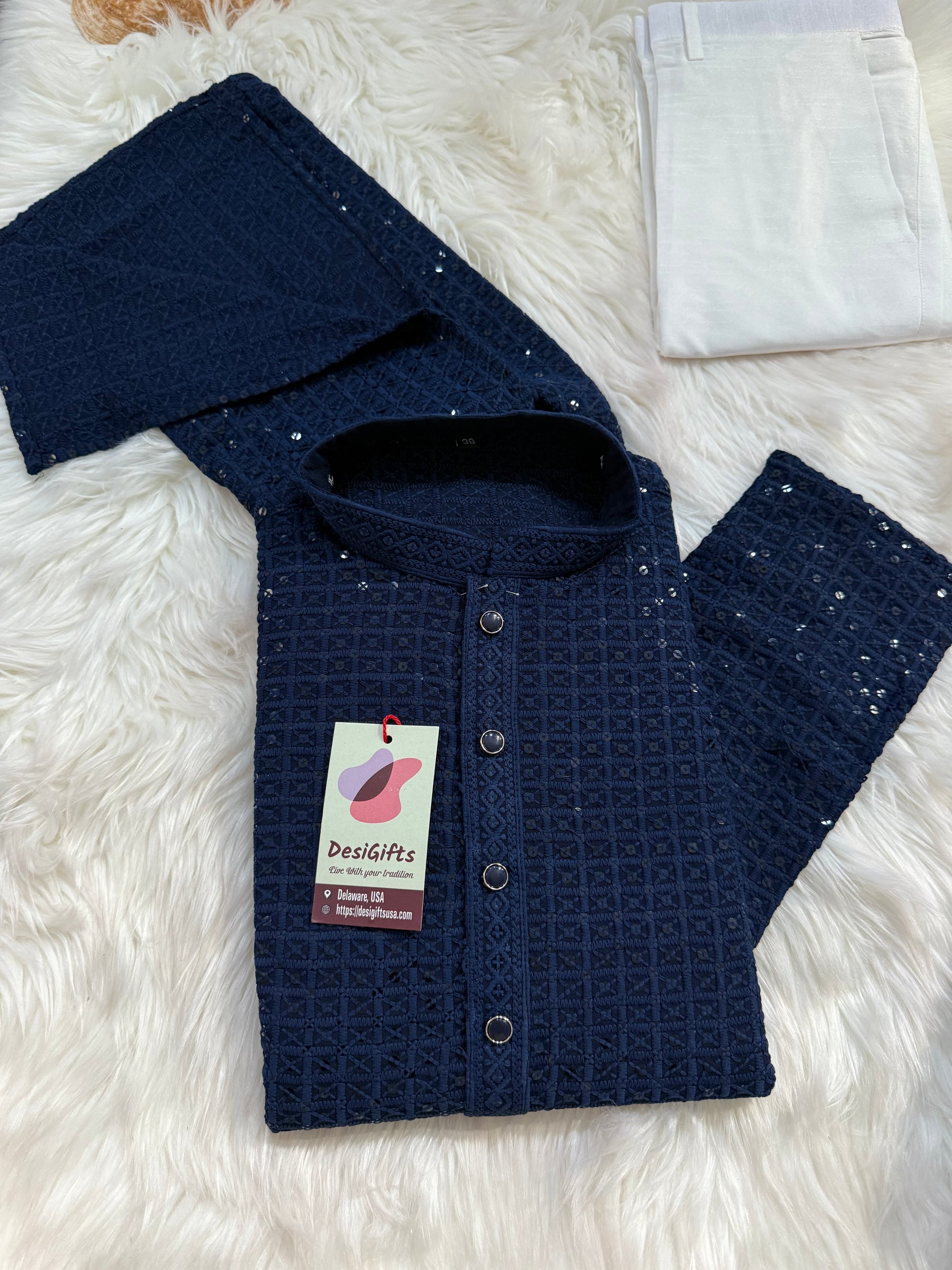 Trendy Kurta Pajama Set for Man in Berry Blue Shade, Chikankari Embroidery with Sequins Pattern, Indian Party wear, KP - 1830