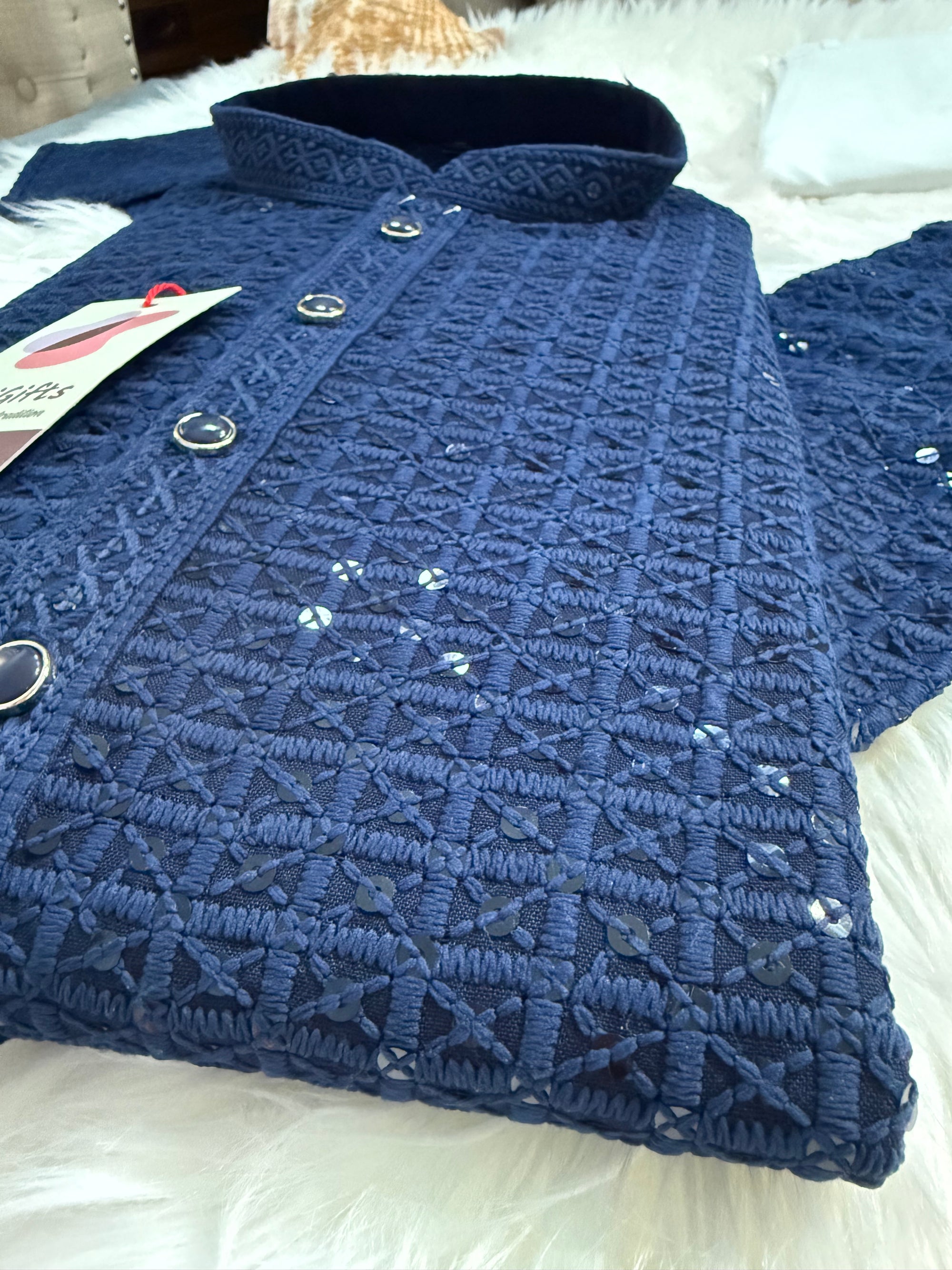 Trendy Kurta Pajama Set for Man in Berry Blue Shade, Chikankari Embroidery with Sequins Pattern, Indian Party wear, KP - 1830