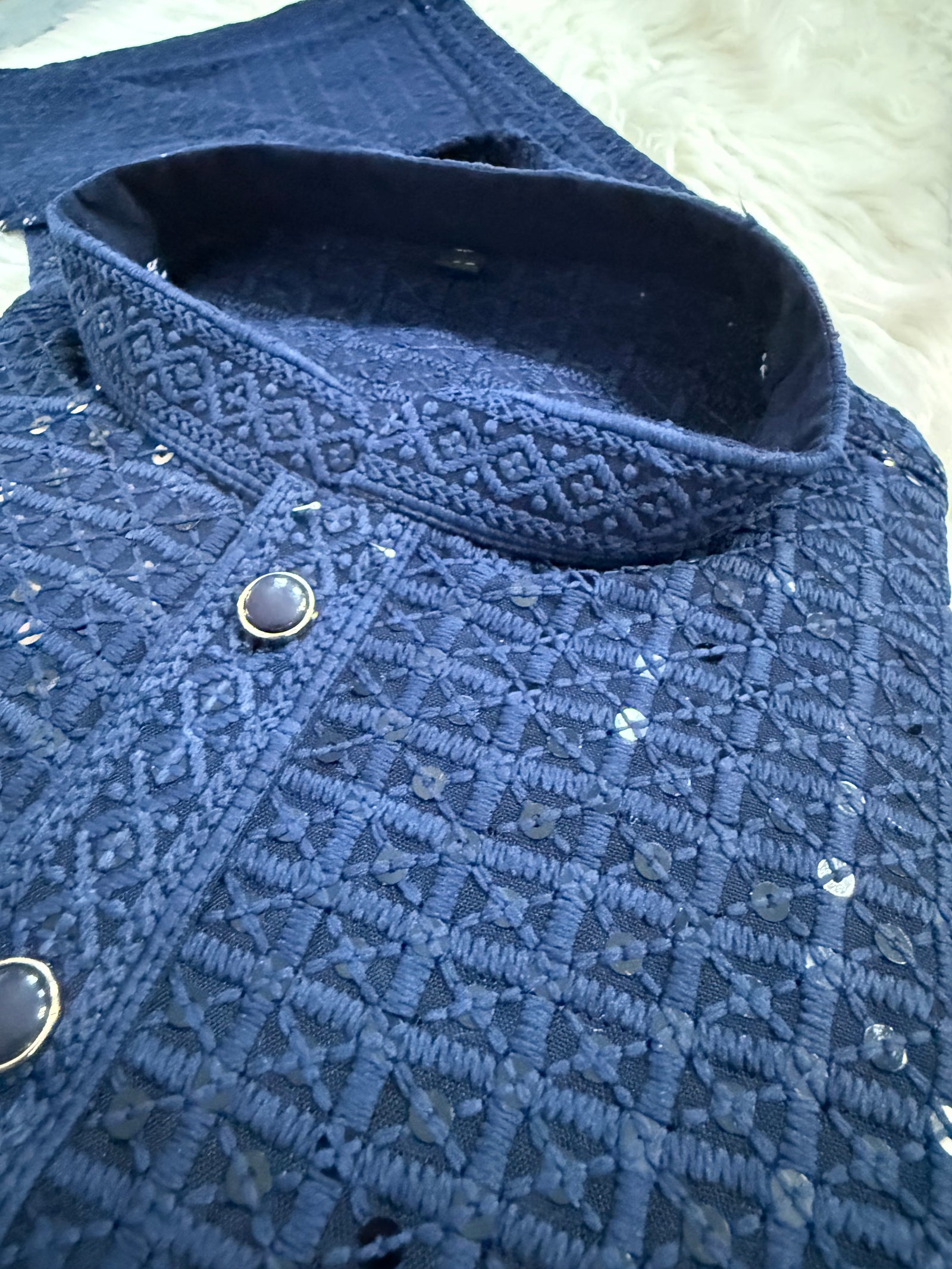 Trendy Kurta Pajama Set for Man in Berry Blue Shade, Chikankari Embroidery with Sequins Pattern, Indian Party wear, KP - 1830