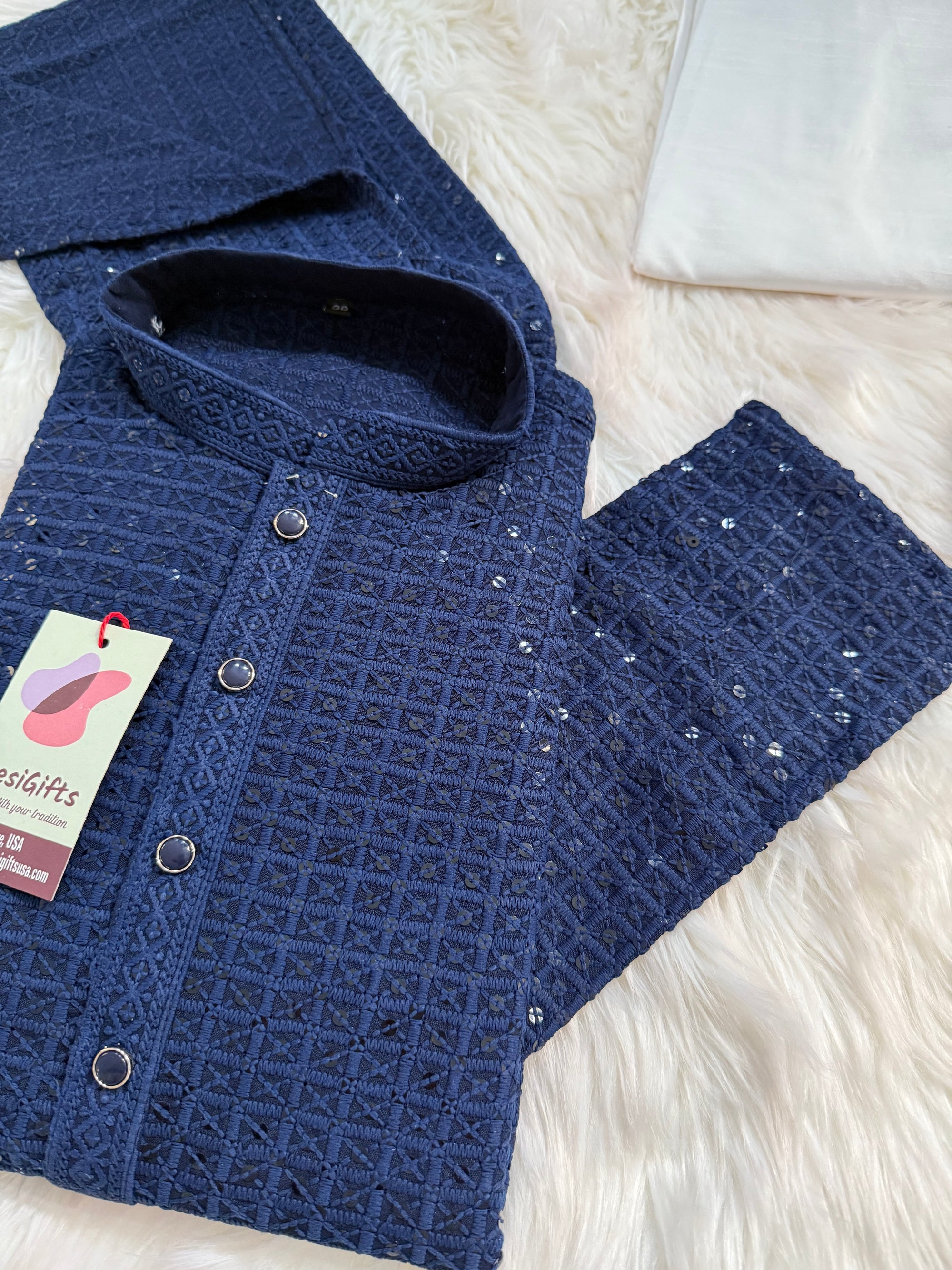 Trendy Kurta Pajama Set for Man in Berry Blue Shade, Chikankari Embroidery with Sequins Pattern, Indian Party wear, KP - 1830