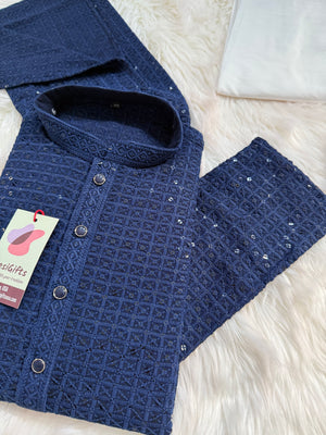 Trendy Kurta Pajama Set for Man in Berry Blue Shade, Chikankari Embroidery with Sequins Pattern, Indian Party wear, KP - 1830
